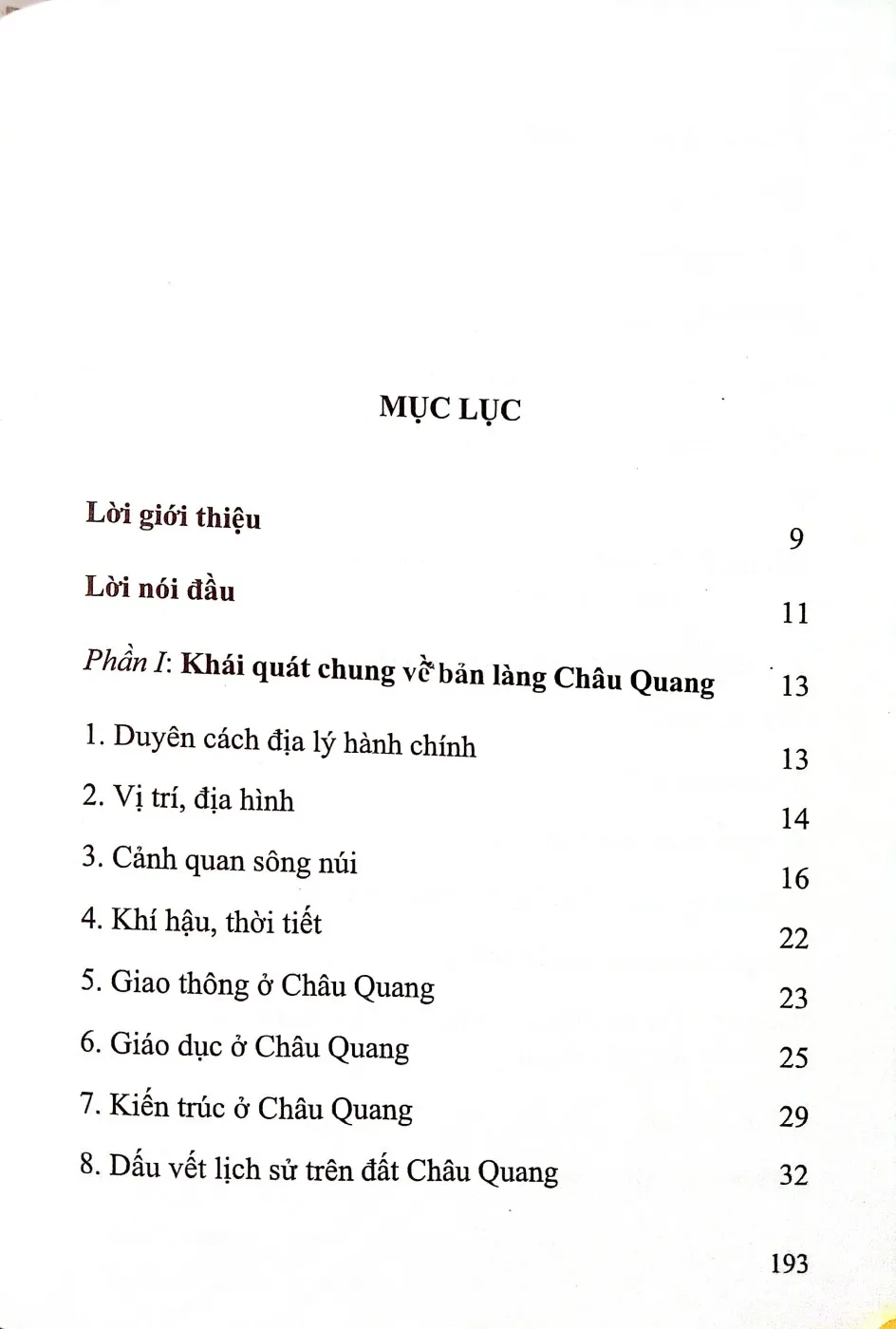 Mục lục chi tiết trang 1 sách Văn hoá dân gian bản làng ở xã Châu Quang