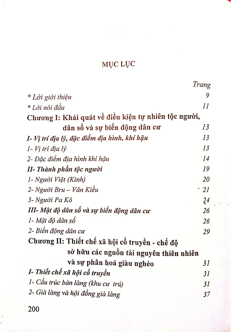 Mục lục chi tiết trang 1 sách Văn hóa dân gian người Bru - Vân kiều ở Quảng Trị