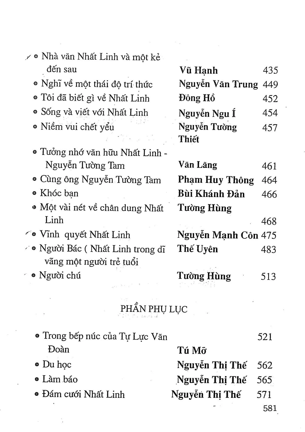 Mục lục chi tiết trang 2 sách Nhất Linh cây bút trụ cột