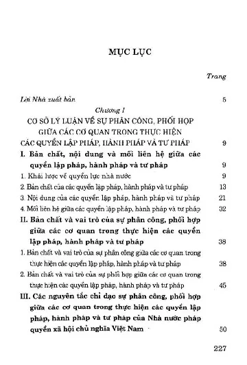 Trang bìa chính thức sách Phân công, phối hợp giữa các cơ quan trong việc thực hiện quyền lập pháp, hành pháp, tư pháp ở Việt Nam