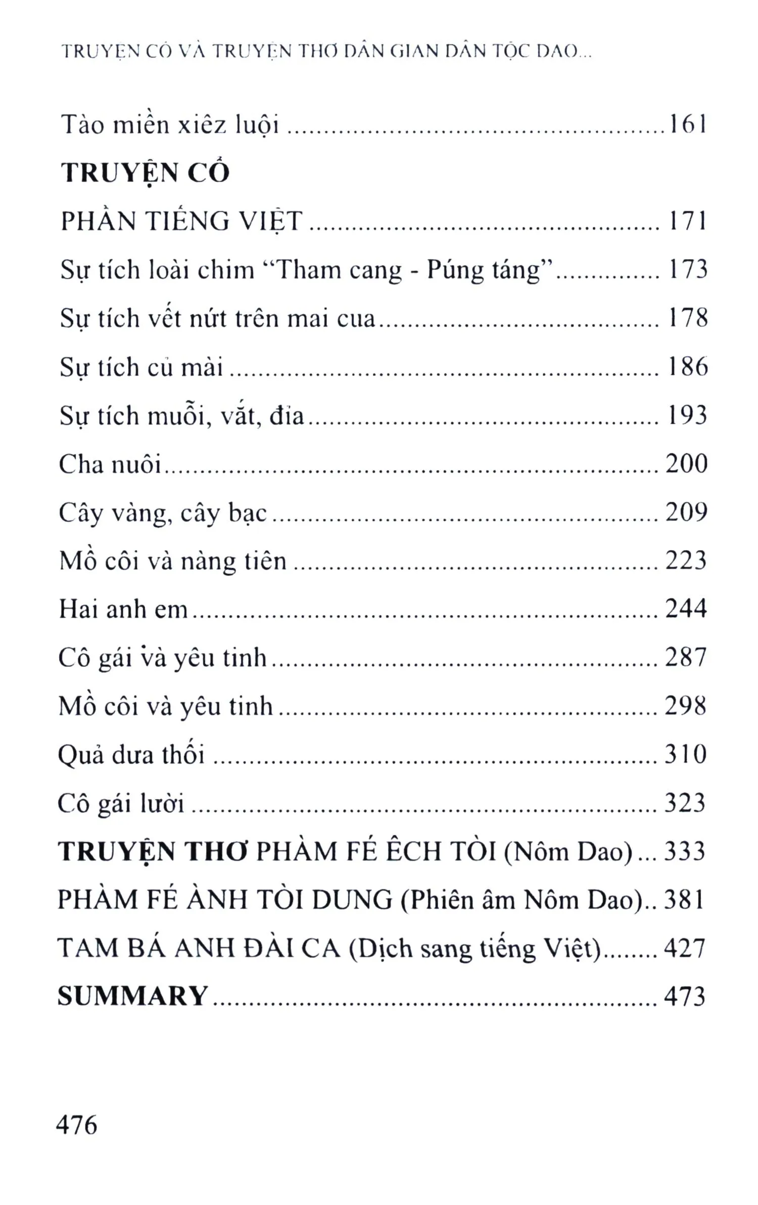 Mục lục chi tiết trang 1 sách Truyện cổ và truyện thơ dân gian dân tộc Dao ở Hà Giang