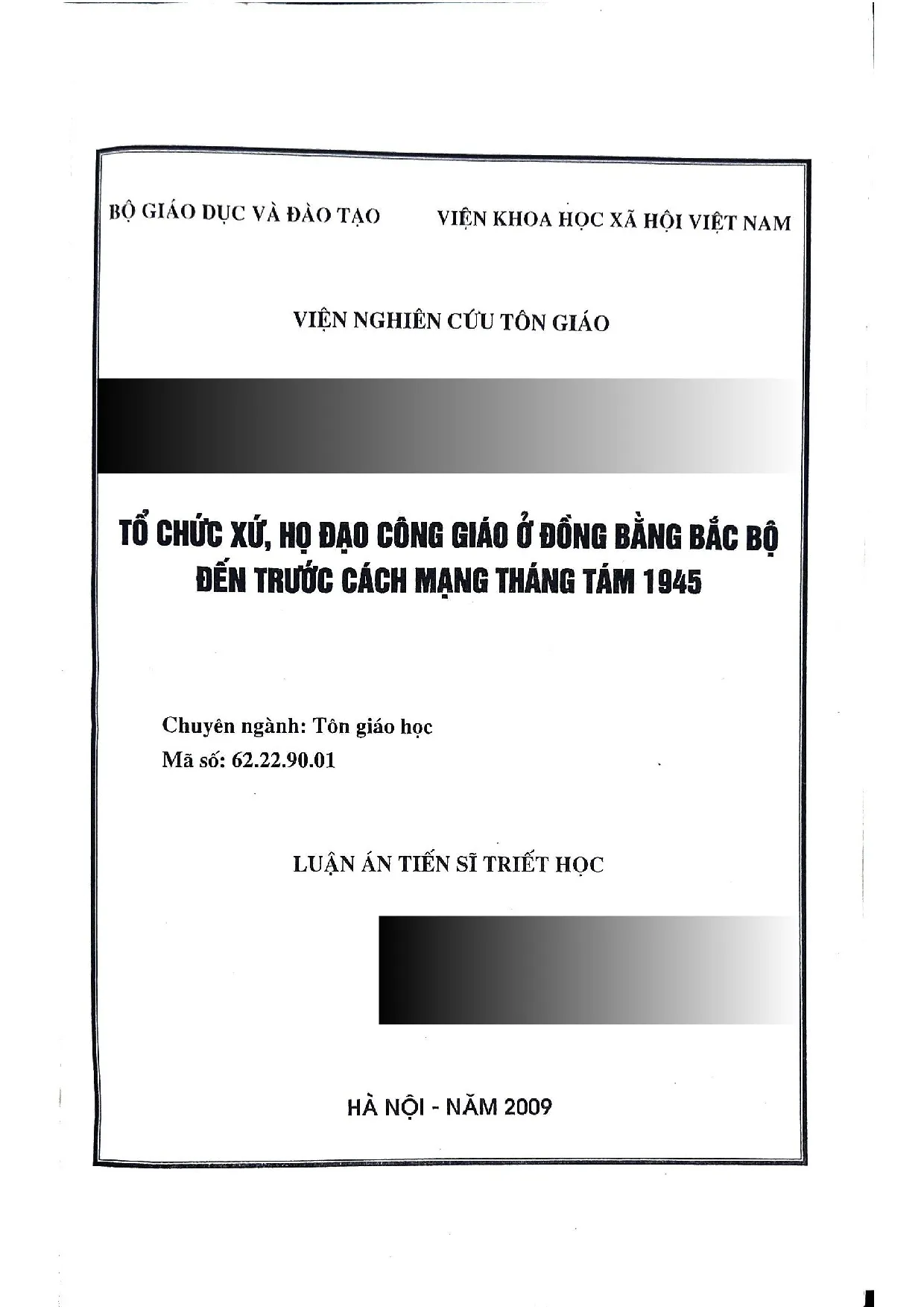 Ảnh bìa của Luận án Tổ chức xứ, họ đạo Công giáo ở Đồng bằng Bắc Bộ đến trước Cách mạng tháng Tám 1945