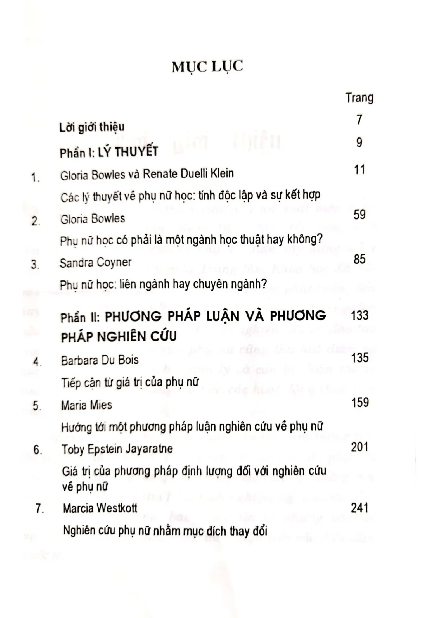 Mục lục chi tiết trang 1 sách Nghiên cứu phụ nữ lý thuyết và phương pháp