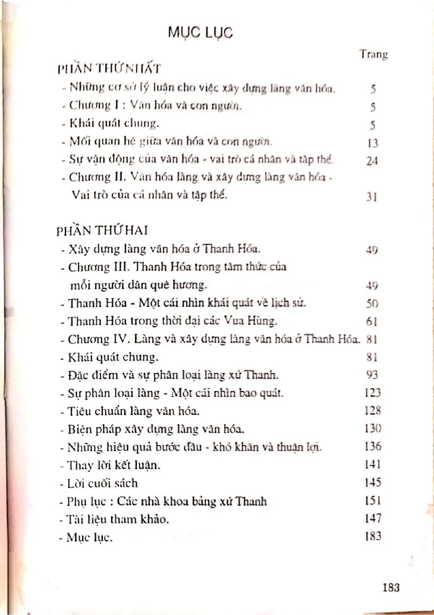 Mục lục chi tiết trang 1 sách Văn hóa làng và làng văn hóa xứ Thanh