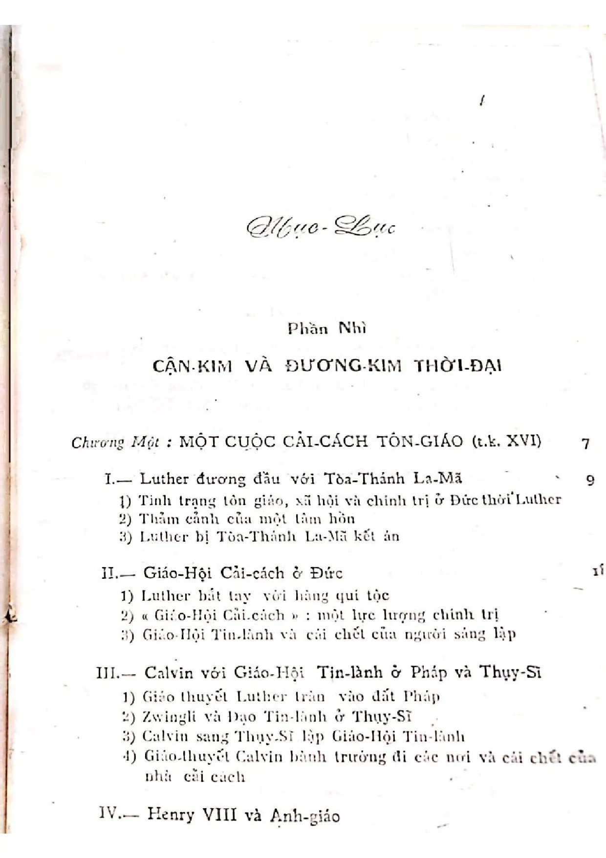 Mục lục chi tiết trang 1 sách Lịch sử Giáo hội Công giáo