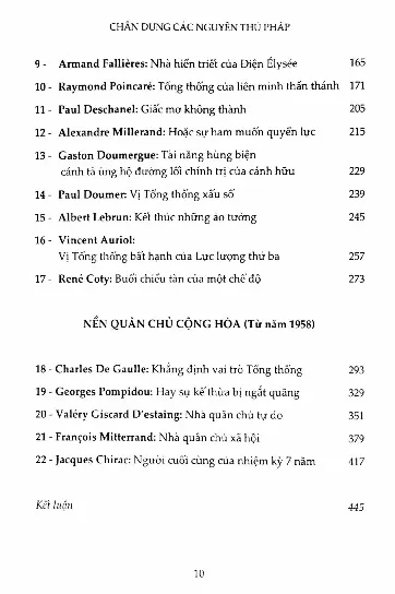 Mục lục chi tiết trang 1 sách Chân dung các nguyên thủ Pháp
