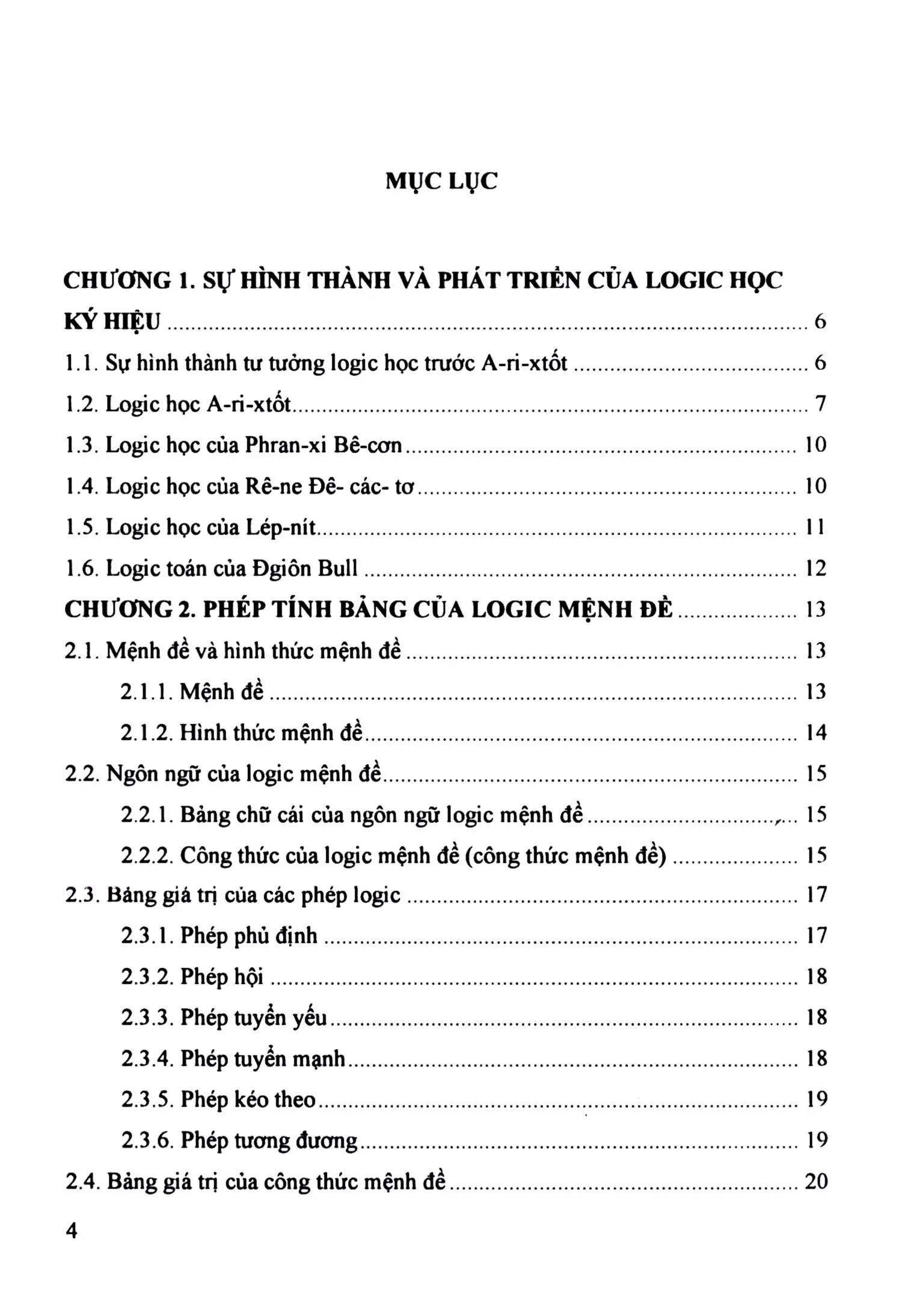 Mục lục chi tiết trang 1 sách Giáo trình Logic học ký hiệu