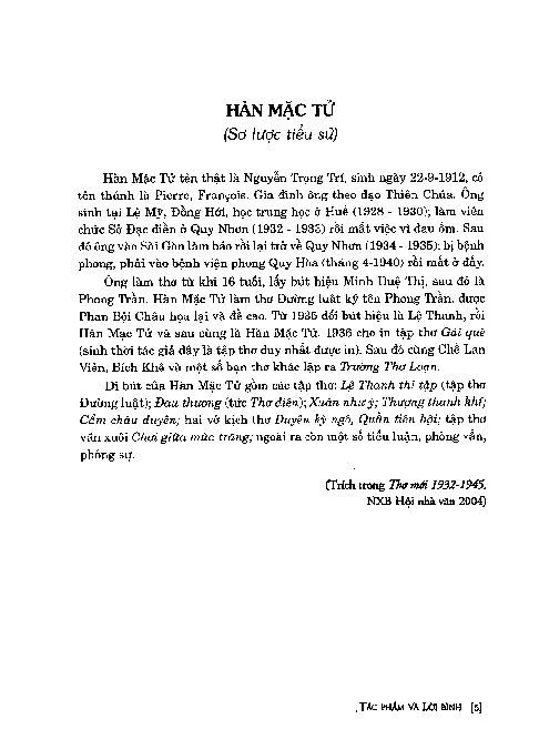 Mục lục chi tiết trang 1 sách Hàn Mặc Tử tác phẩm và lời bình
