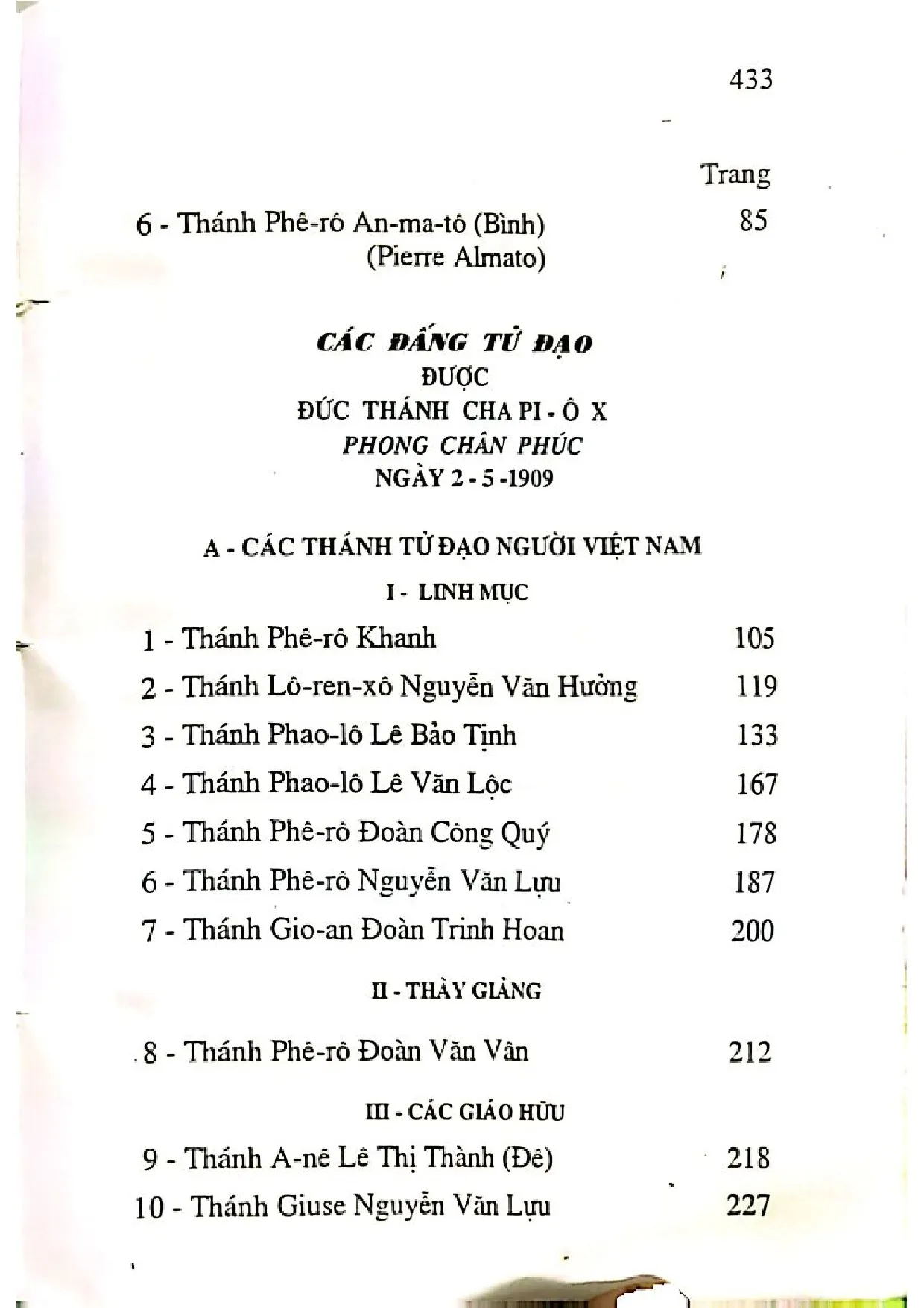 Mục lục chi tiết trang 1 sách Sách truyện các thánh tử đạo Việt Nam, tập 2