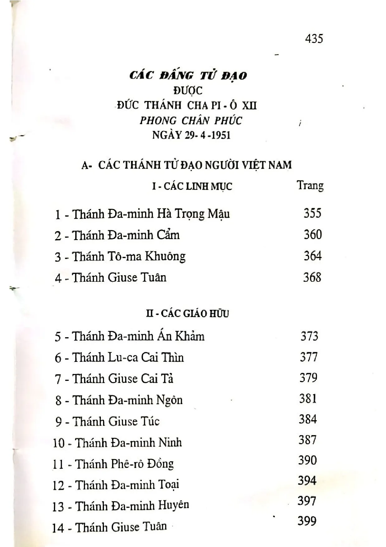 Mục lục chi tiết trang 3 sách Sách truyện các thánh tử đạo Việt Nam, tập 2
