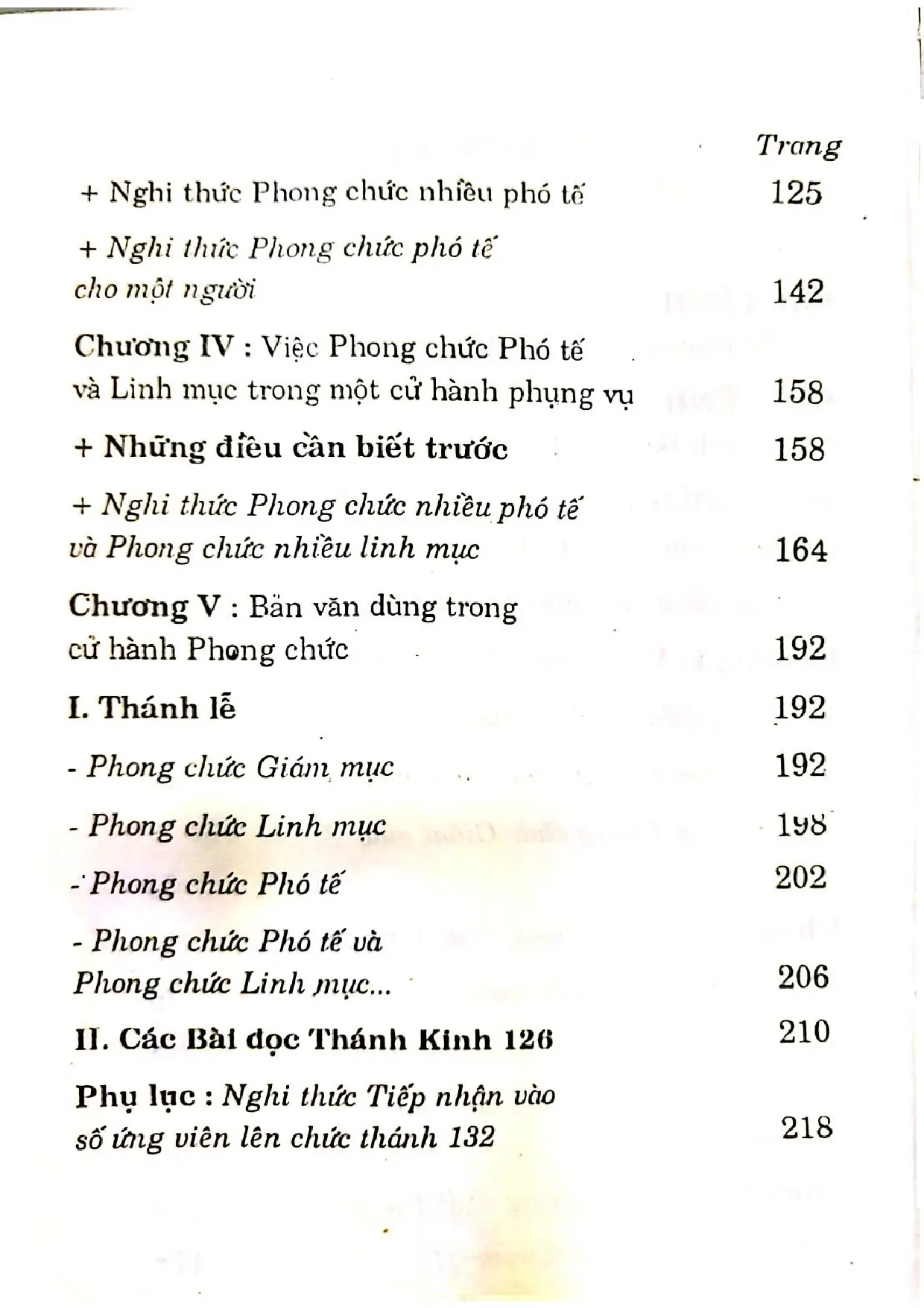 Mục lục chi tiết trang 1 sách Nghi thức phong chức