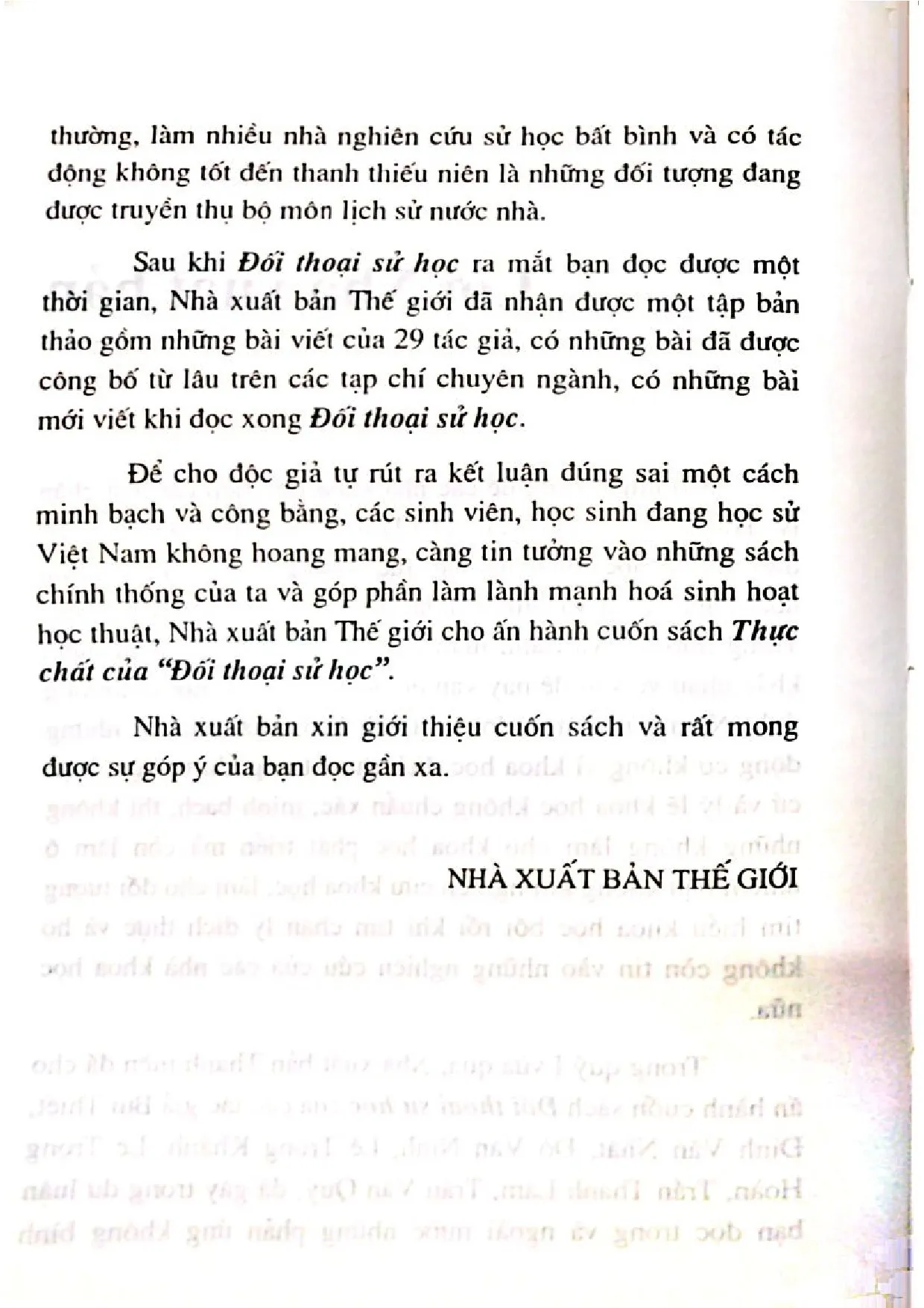 Nội dung trang phụ bản giới thiệu sách Thực chất của đối thoại sử học