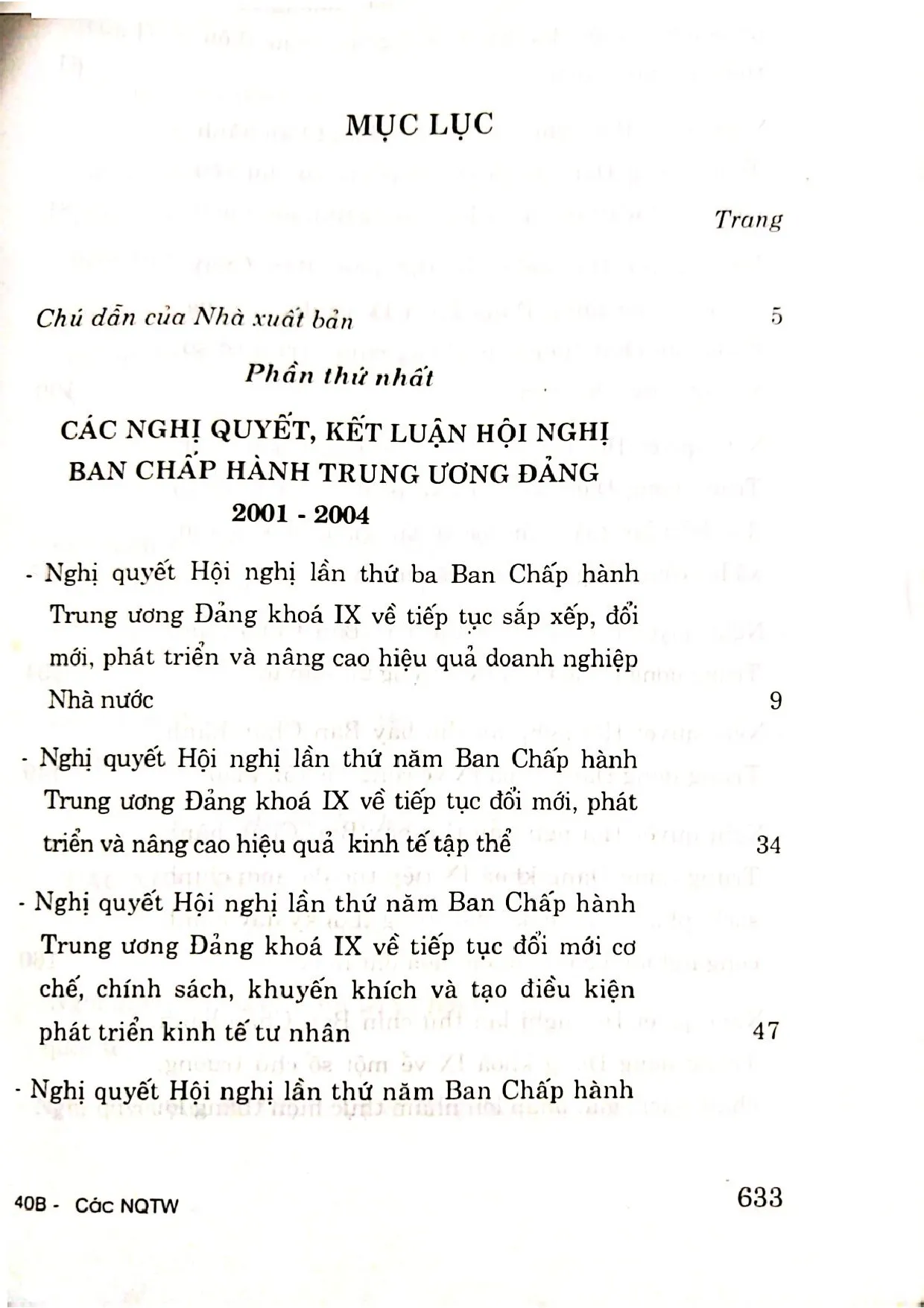 Trang bìa chính thức sách Các nghị quyết của Trung ương đảng 2001 - 2004