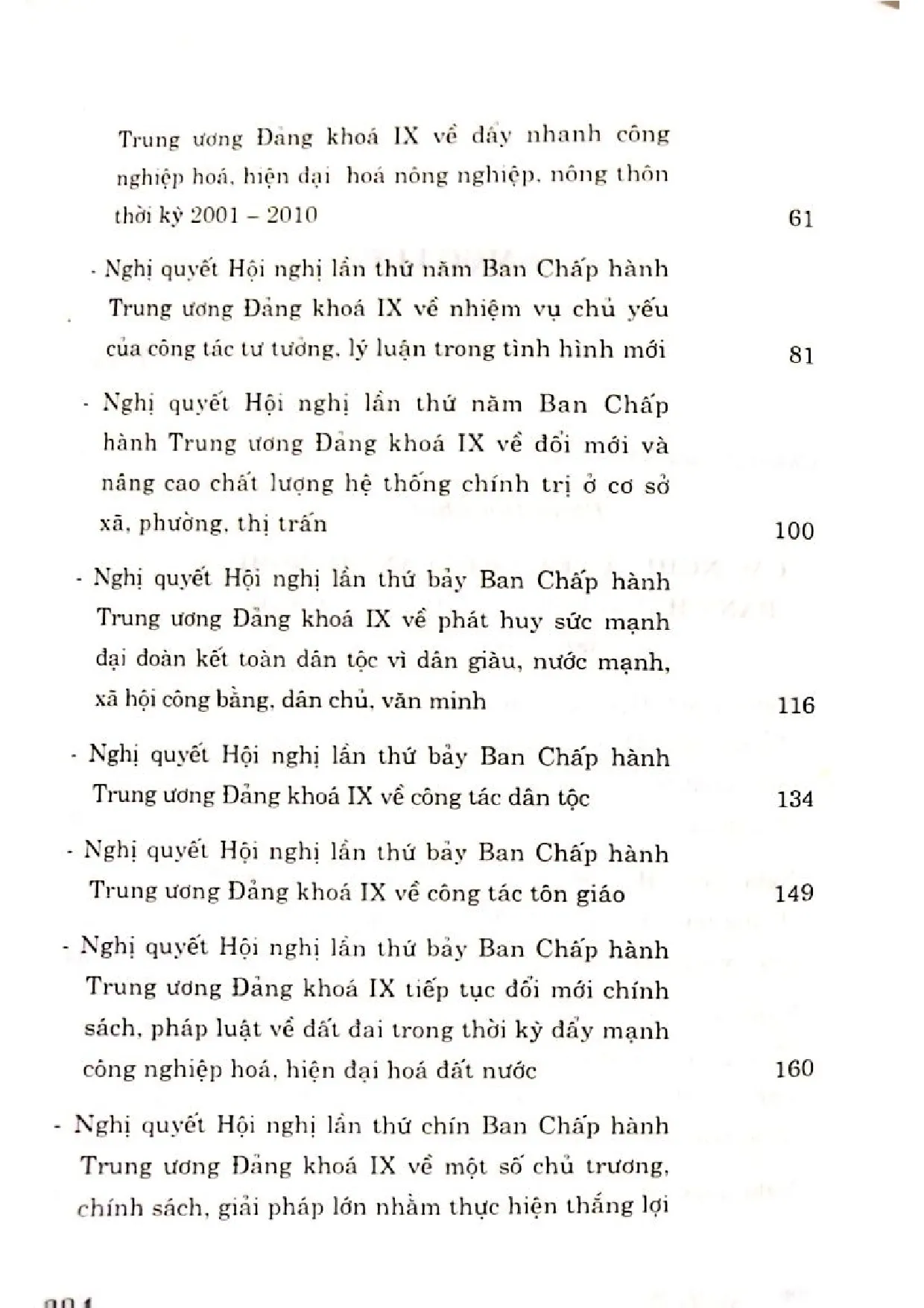 Mục lục chi tiết trang 1 sách Các nghị quyết của Trung ương đảng 2001 - 2004