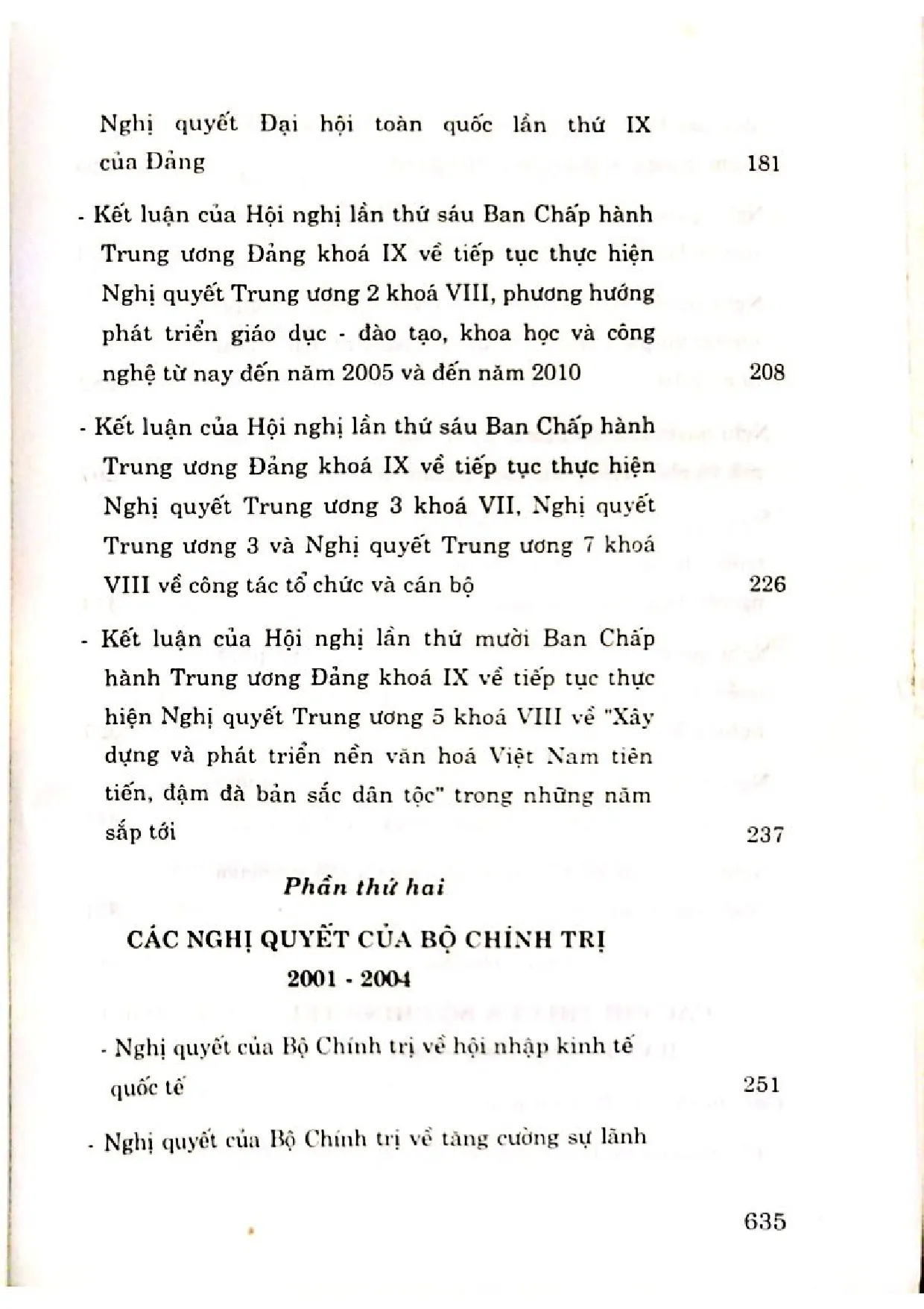 Mục lục chi tiết trang 2 sách Các nghị quyết của Trung ương đảng 2001 - 2004