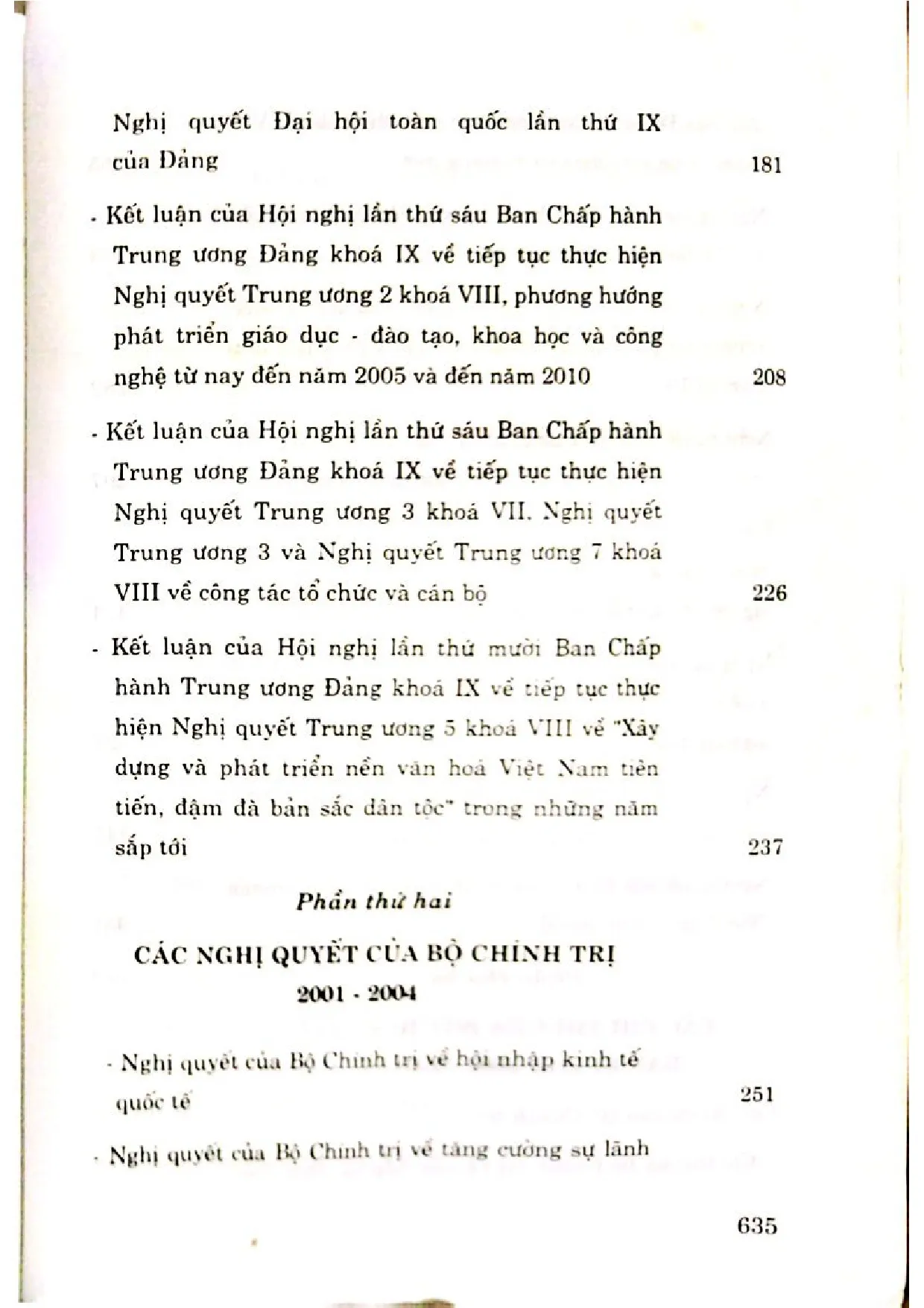 Nội dung trang phụ bản giới thiệu sách Các nghị quyết của Trung ương đảng 2001 - 2004