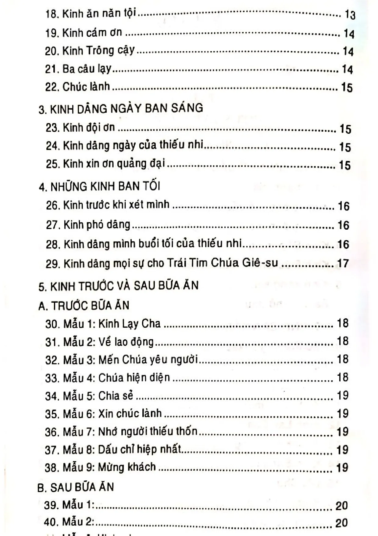 Mục lục chi tiết trang 1 sách Kinh nguyện gia đình