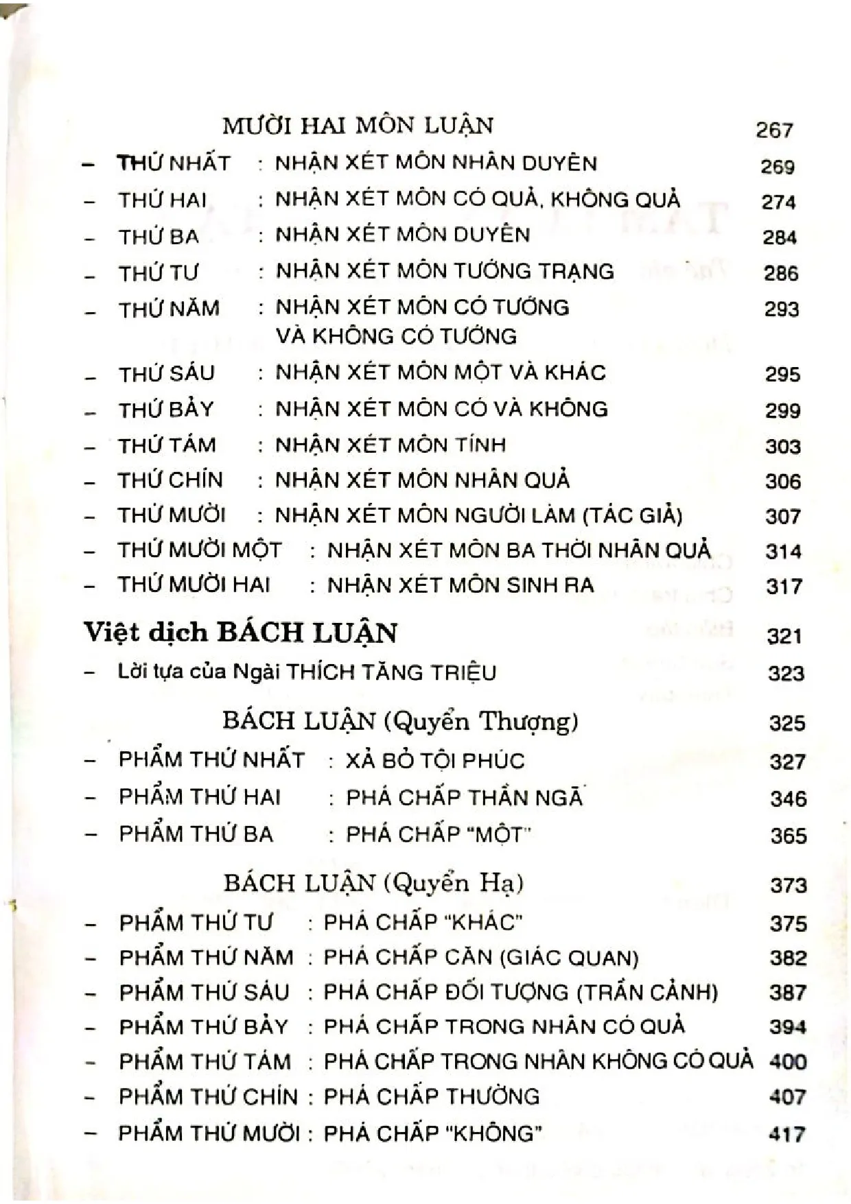Mục lục chi tiết trang 2 sách Tam luận toàn tập