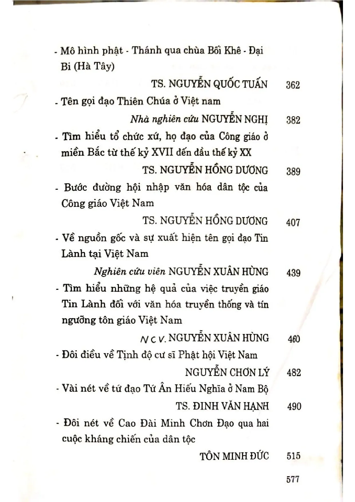 Mục lục chi tiết trang 2 sách Về tôn giáo và tôn giáo ở Việt Nam