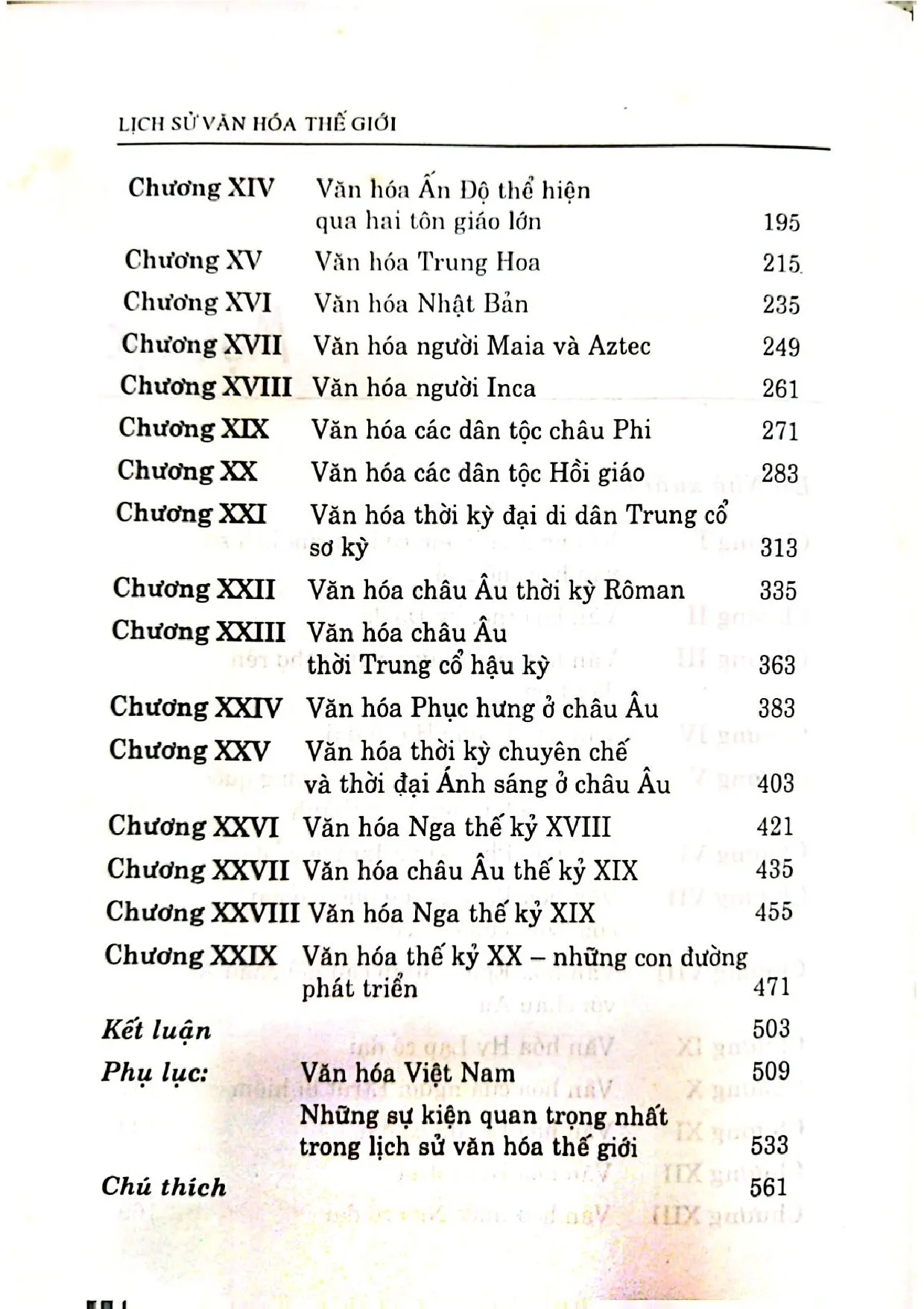 Mục lục chi tiết trang 1 sách Lịch sử văn hóa thế giới
