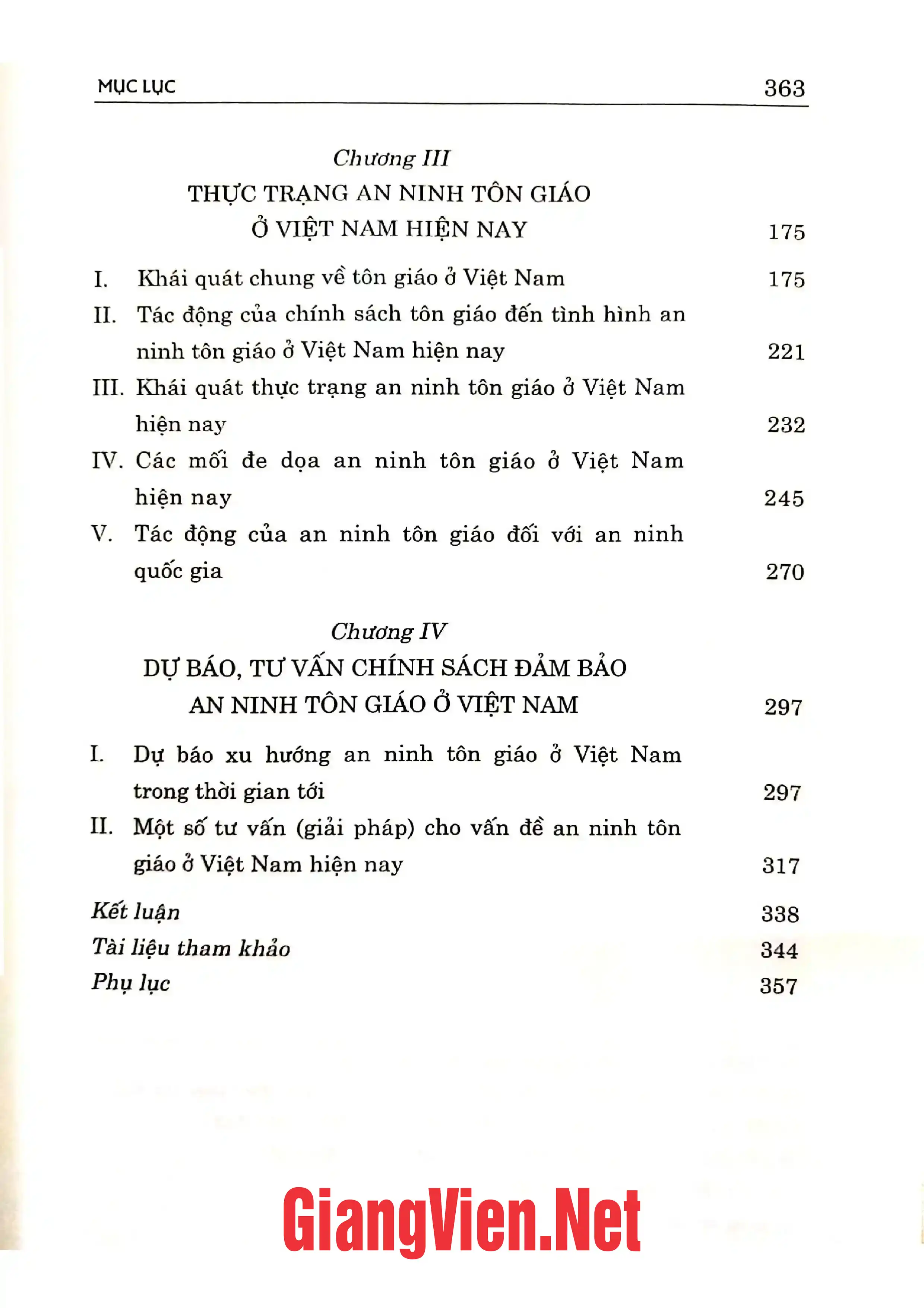 Mục lục chi tiết trang 1 sách An ninh tôn giáo ở Việt Nam hiện nay thực trạng, dự báo và tư vấn chính sách
