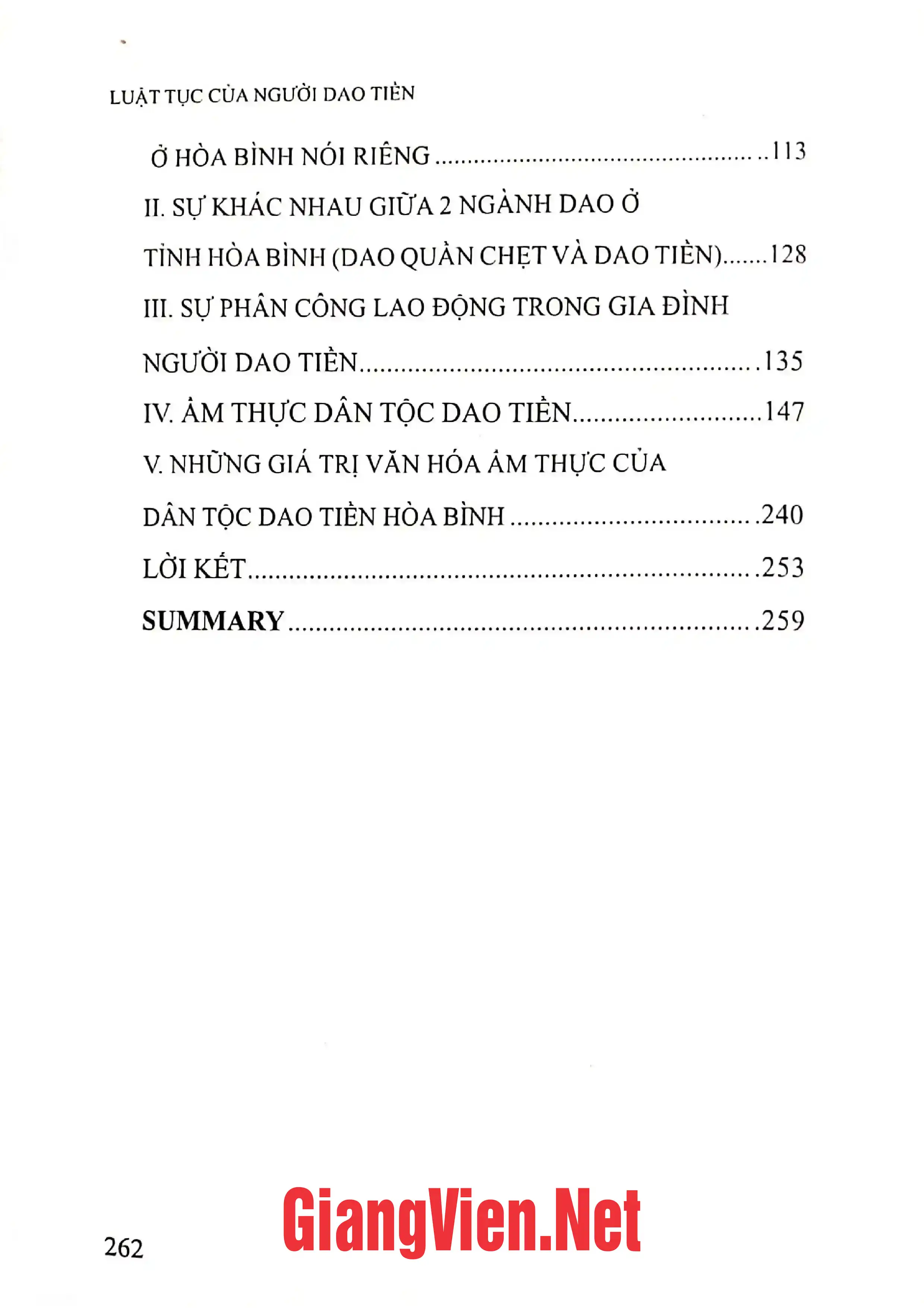 Mục lục chi tiết trang 1 sách Luật tục của người Dao Tiền
