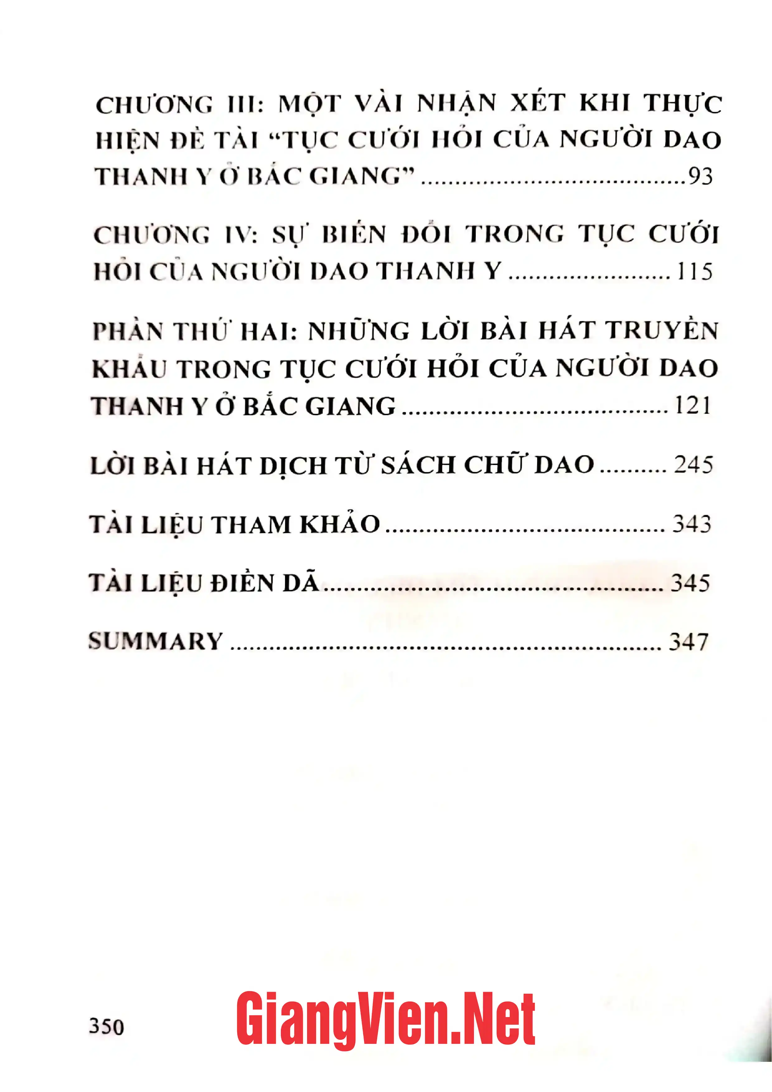 Mục lục chi tiết trang 1 sách Tục cưới hỏi cưới hỏi của người Dao Thanh Y ở Bắc Giang