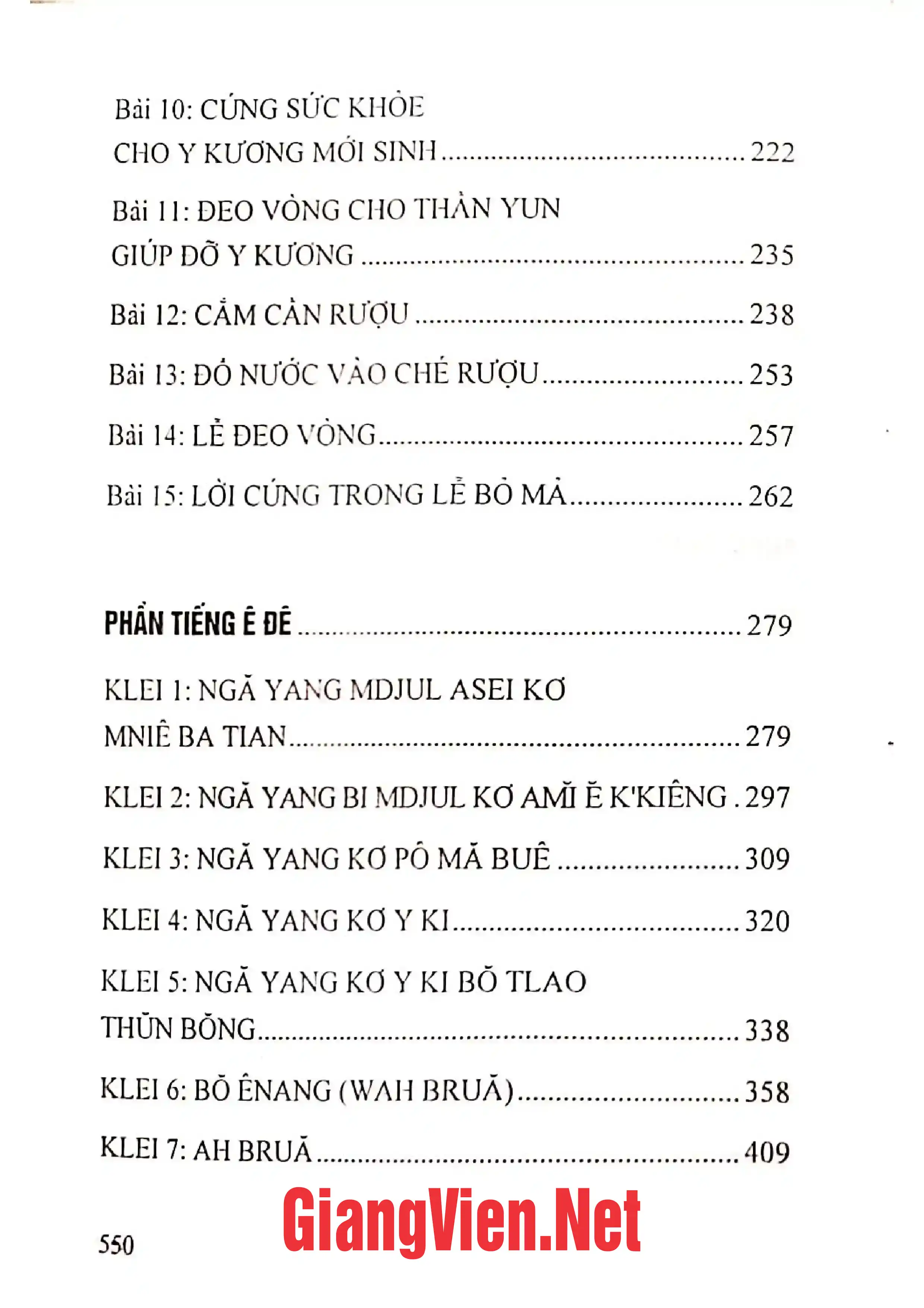 Mục lục chi tiết trang 1 sách Các bài cúng trong nghi lễ vòng đời người của dân tộc Ê Đê ở Đắk Lắk