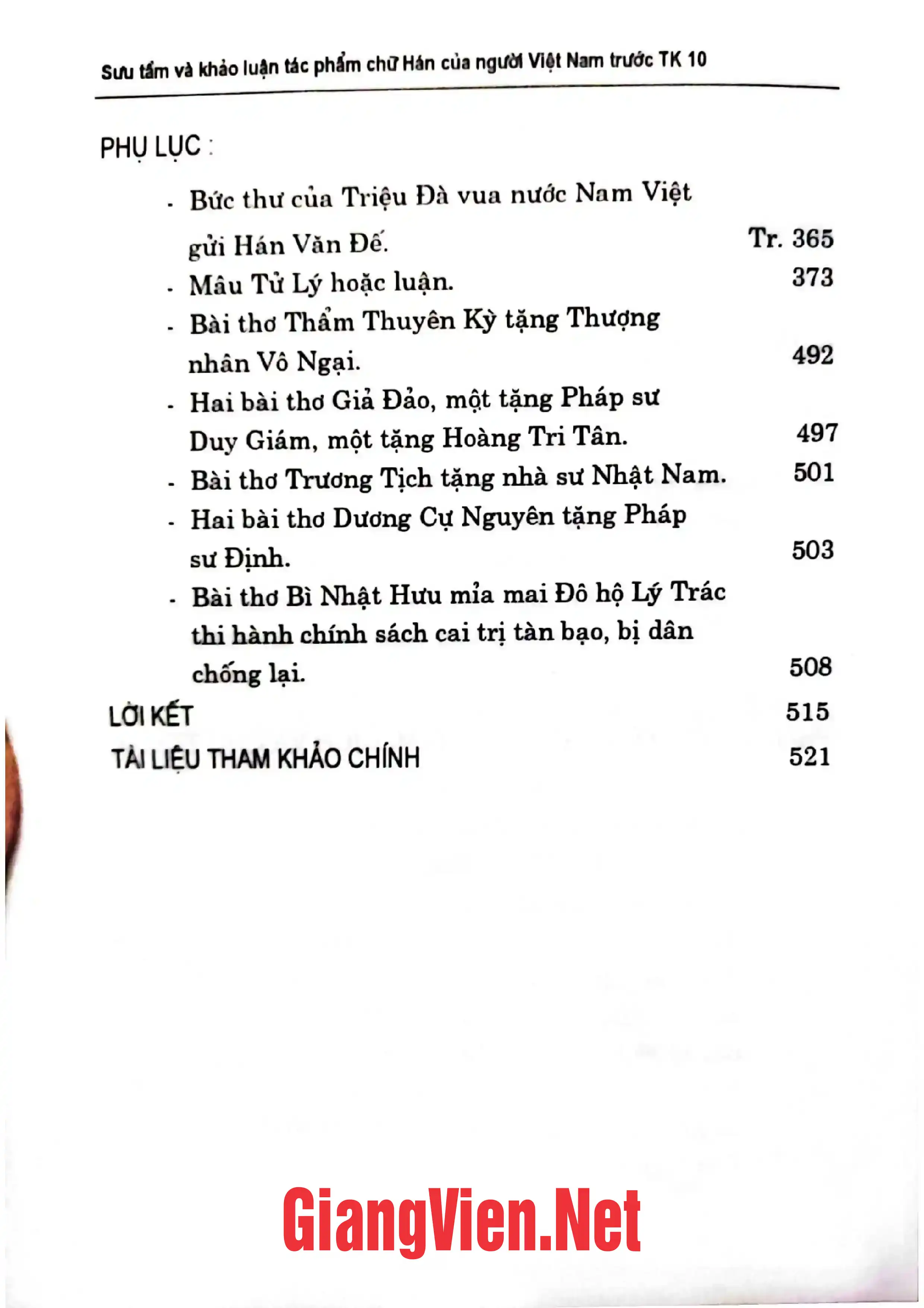 Mục lục chi tiết trang 1 sách Sưu tầm và khảo luận tác phẩm chữ Hán của người Việt Nam trước thế kỷ X