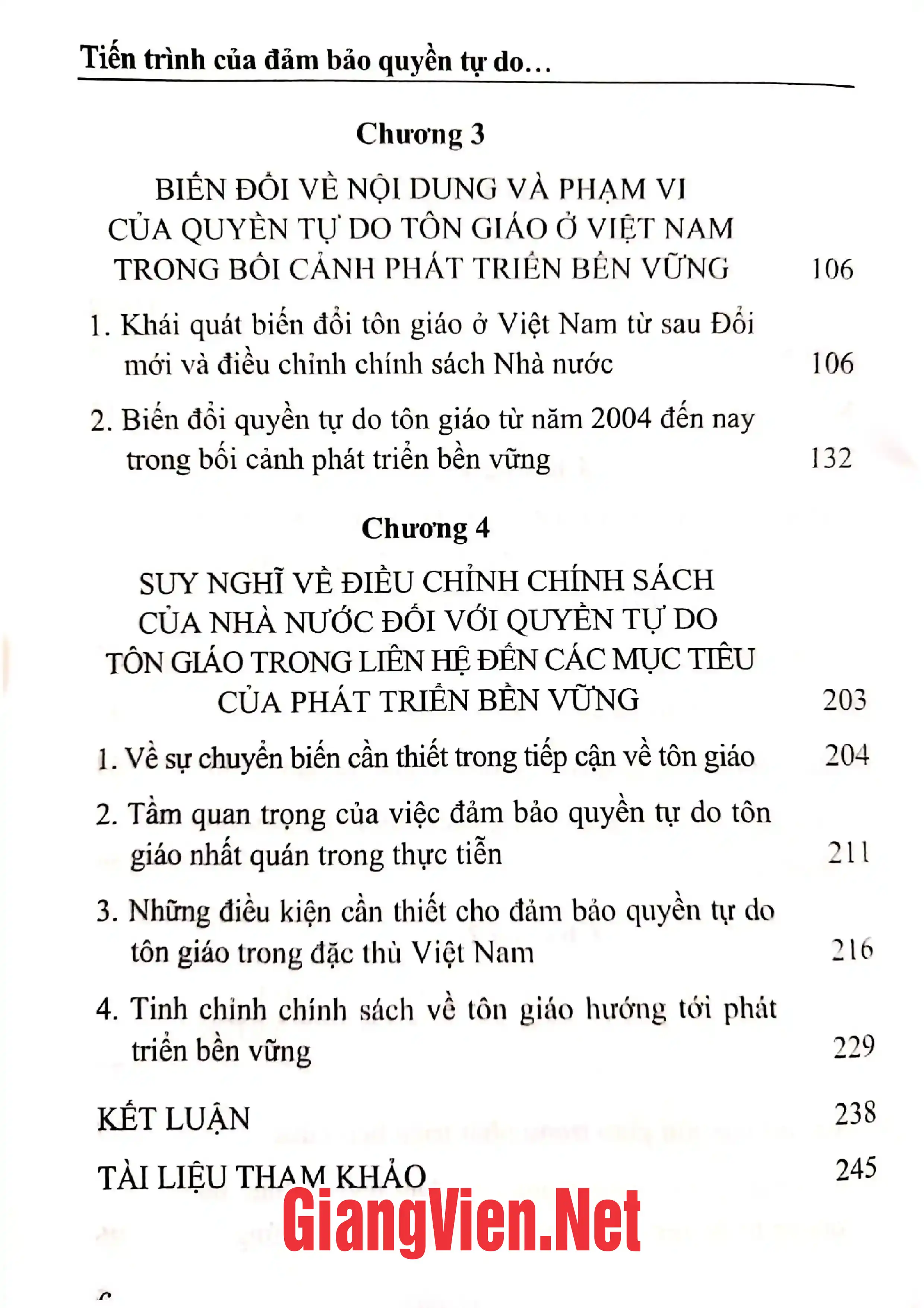 Mục lục chi tiết trang 1 sách Tiến trình của đảm bảo quyền tự do tôn giáo trong bối cảnh phát triển bền vững ở Việt Nam.