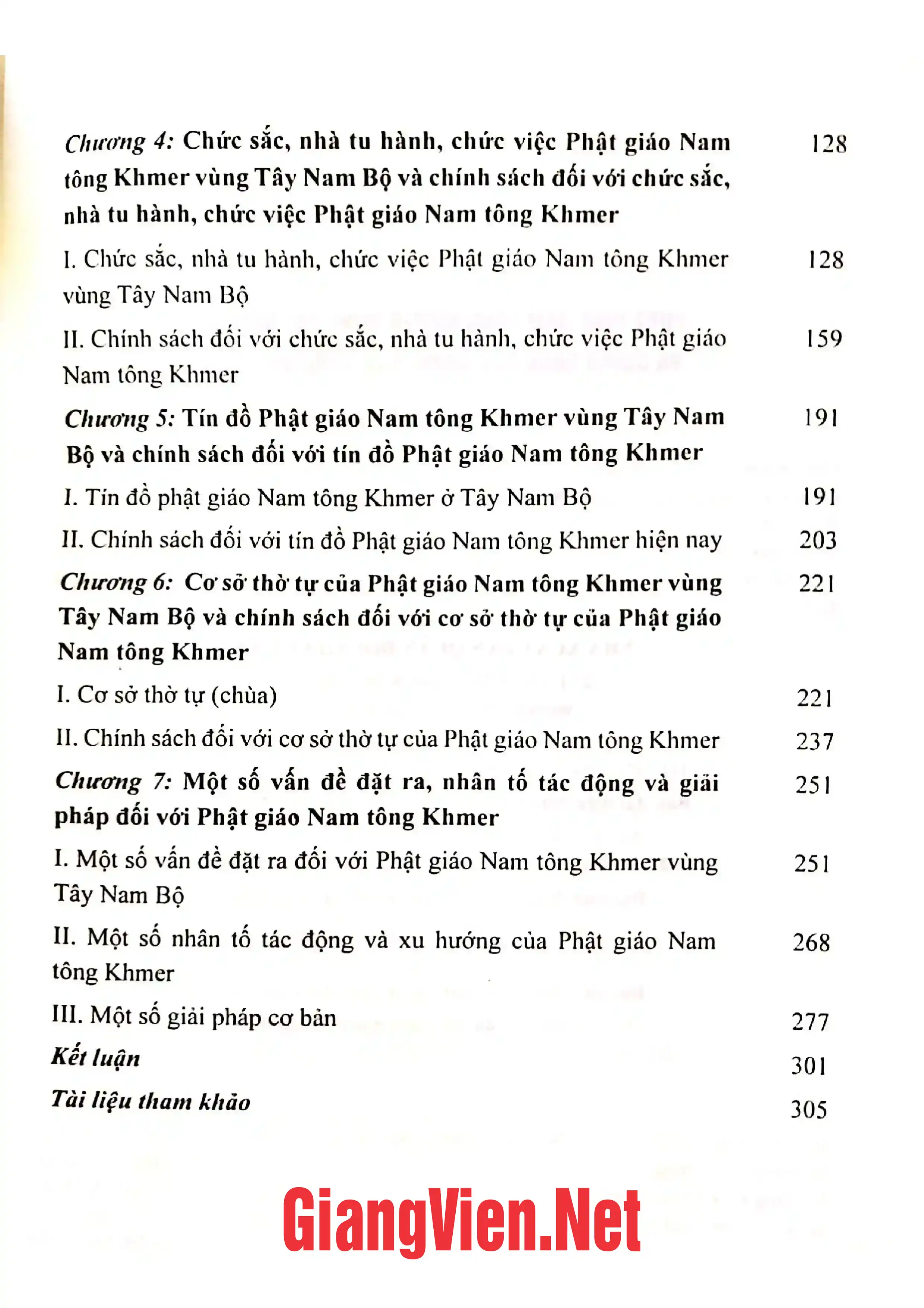 Mục lục chi tiết trang 1 sách Phật giáo Nam tông Khmer vùng Tây Nam Bộ và chính sách của Đảng, Nhà nước Việt Nam