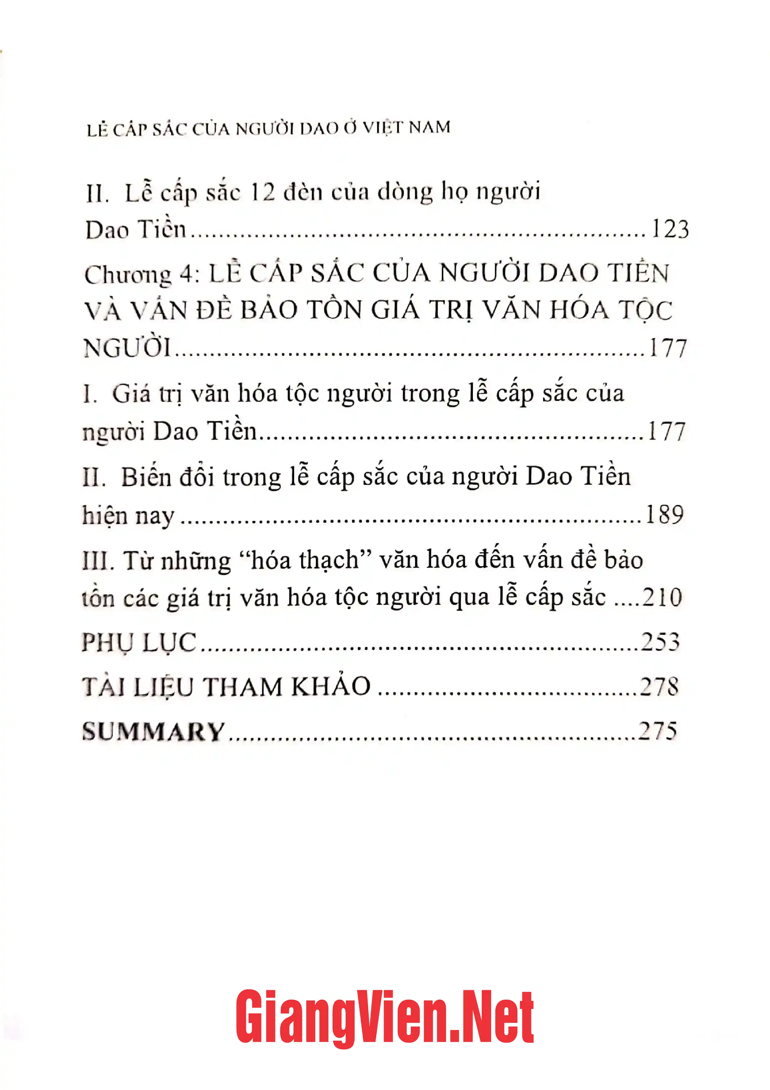 Mục lục chi tiết trang 1 sách Lễ cấp sắc của người Dao ở Việt Nam