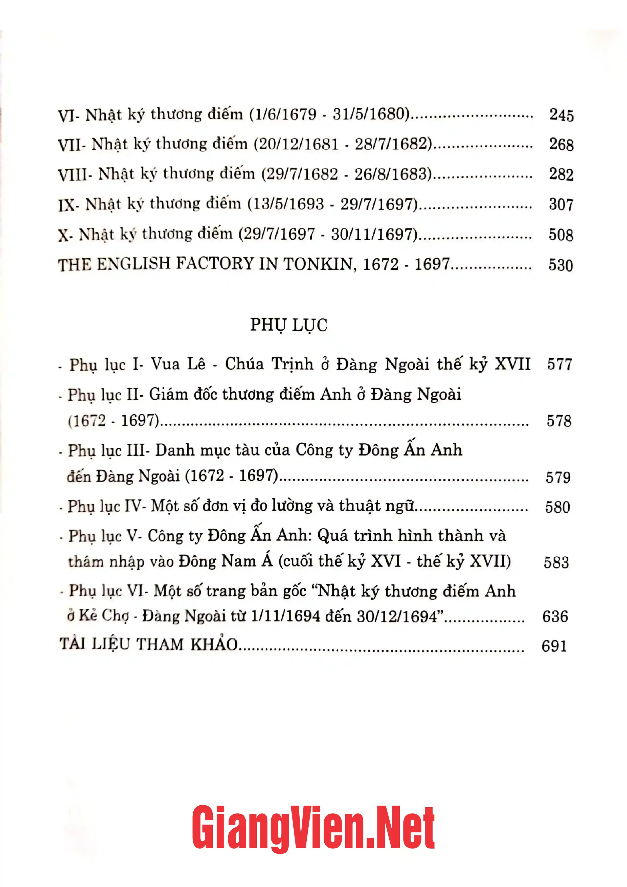 Mục lục chi tiết trang 1 sách Tuyển tập tư liệu Công ty Đông ấn Anh và Kẻ Chợ Đàng Ngoài 1672 - 1697