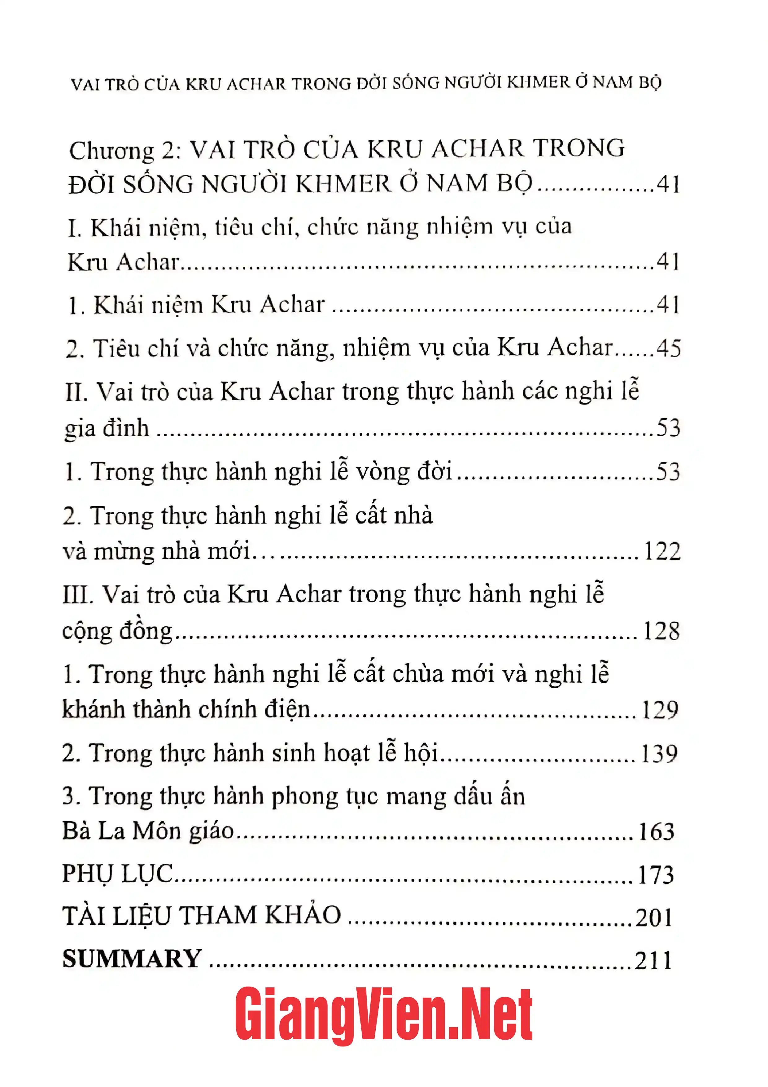 Mục lục chi tiết trang 1 sách Vai trò của Kru Achar trong đời sống người Khmer Nam Bộ