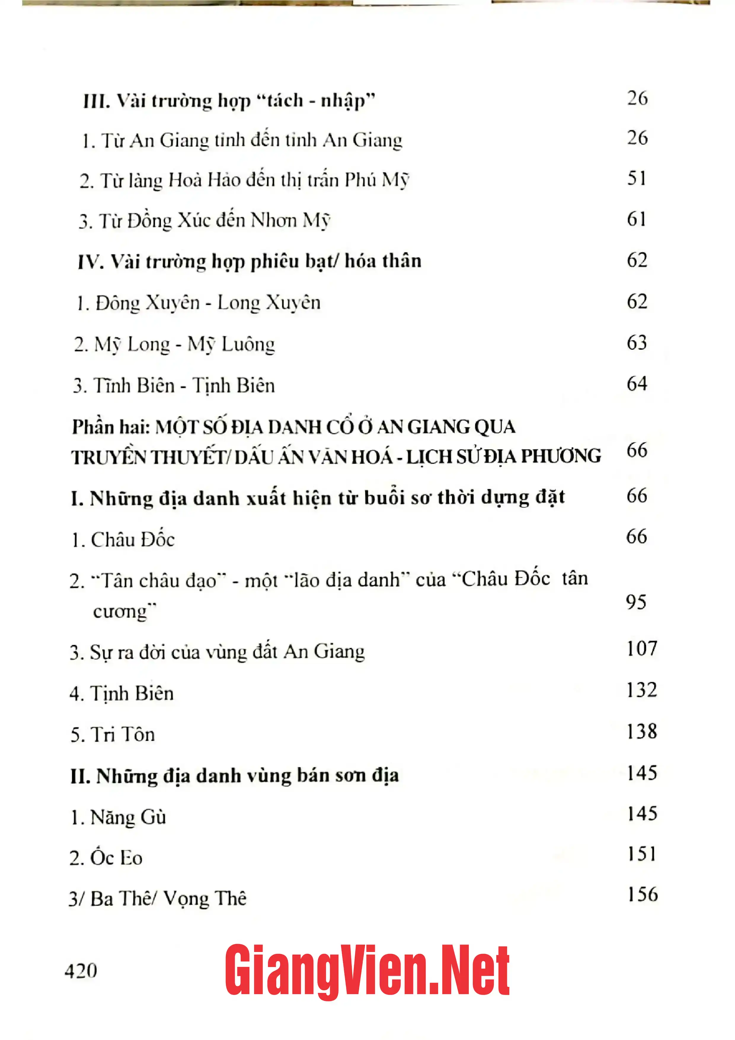 Mục lục chi tiết trang 1 sách Tìm hiểu một số địa danh cổ ở An Giang qua truyền thuyết Dấu ấn văn hóa- Lịch sử địa phương