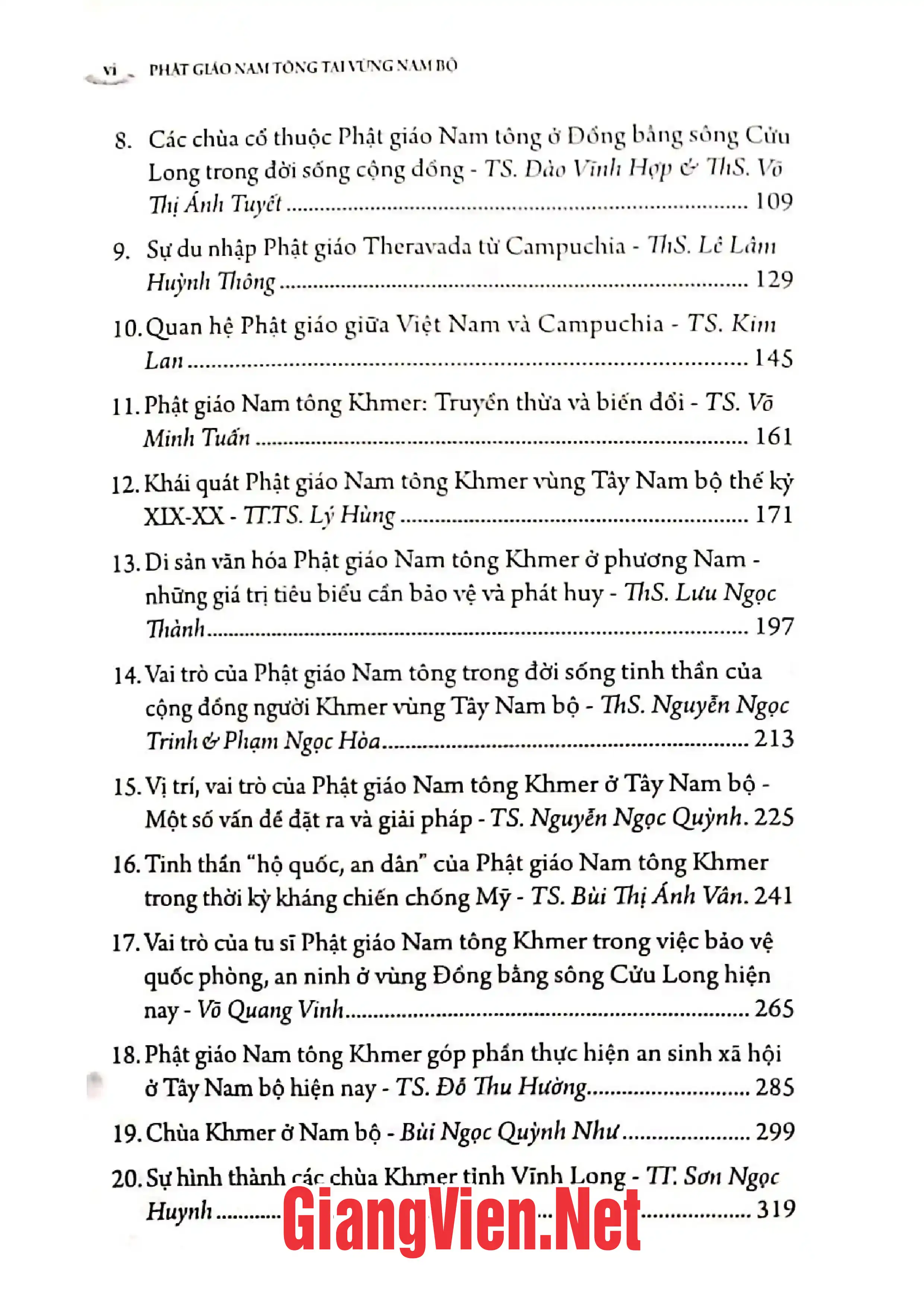 Mục lục chi tiết trang 1 sách Phật giáo Nam tông tại vùng Nam Bộ