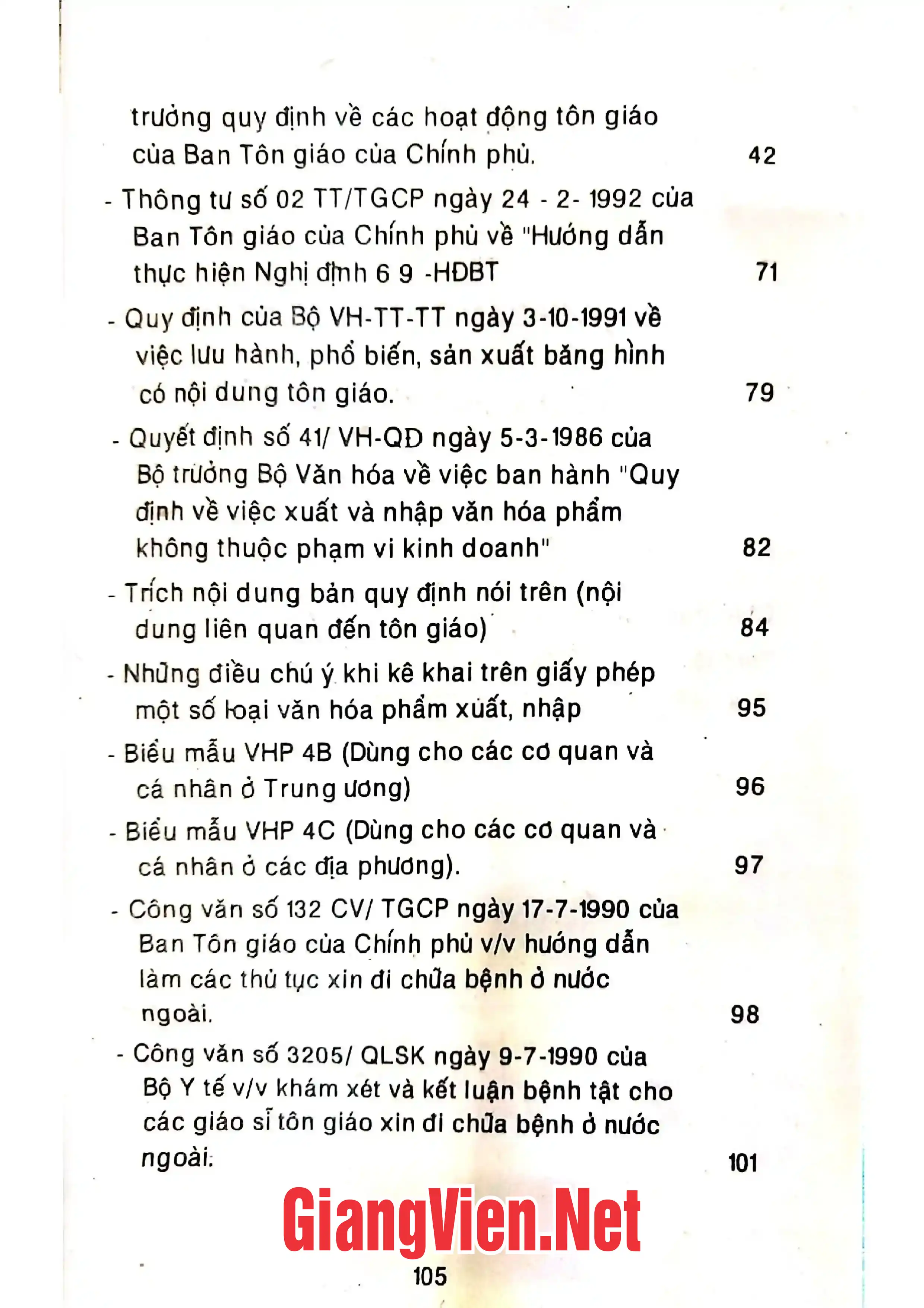 Mục lục chi tiết trang 1 sách Các văn bản của nhà nước về hoạt động tôn giáo