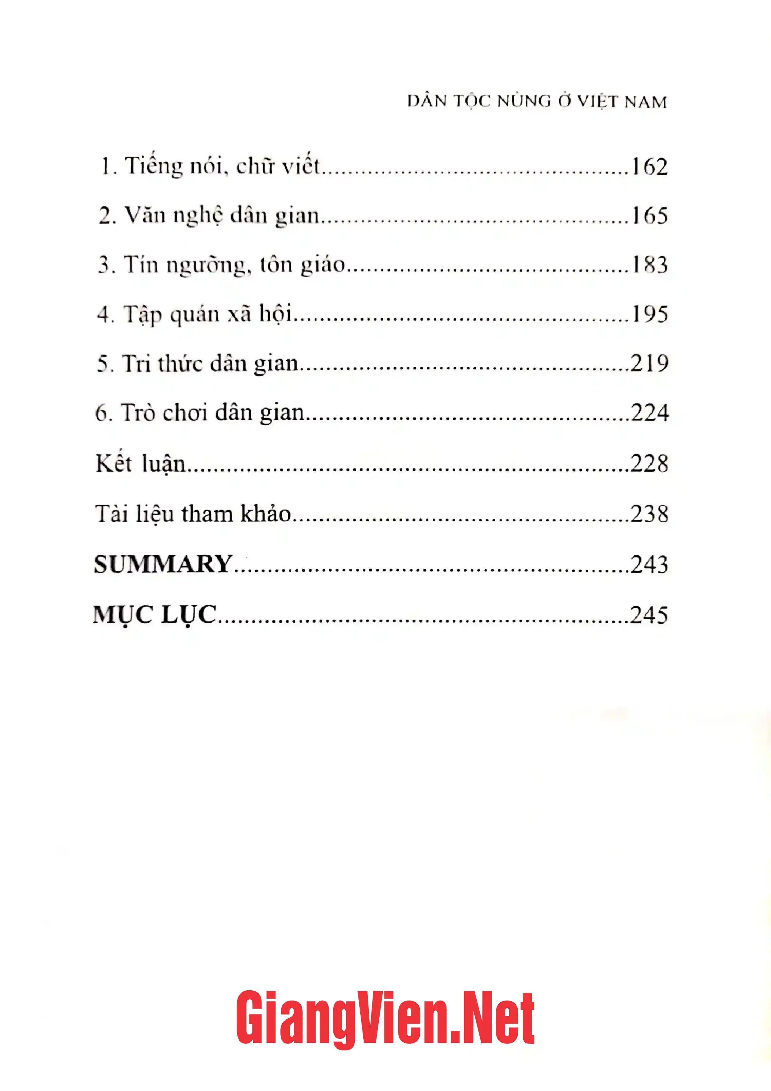 Mục lục chi tiết trang 2 sách Dân tộc Nùng ở Việt Nam