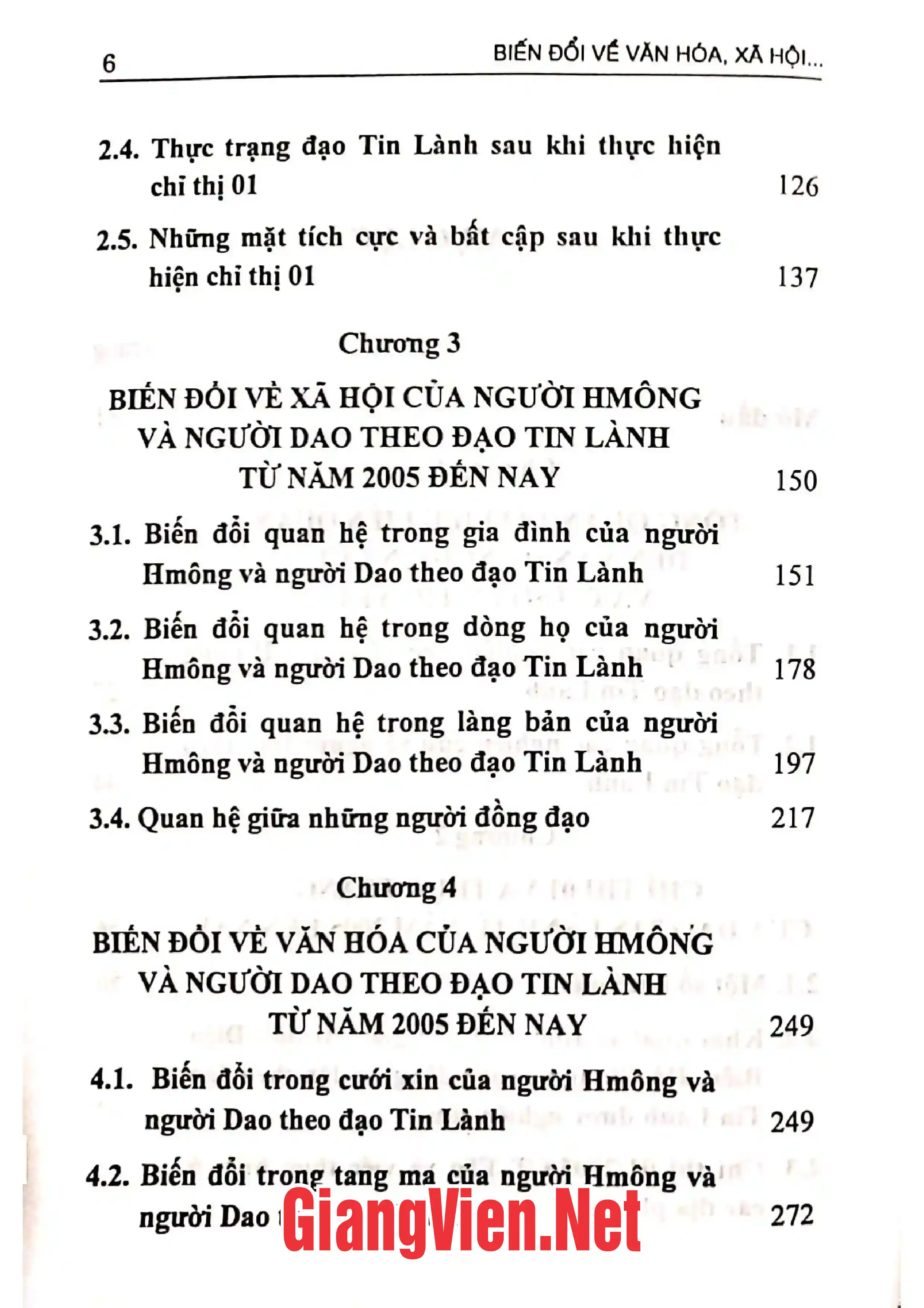 Mục lục chi tiết trang 1 sách Biến đổi về văn hóa, xã hội của cộng đồng cư dân theo đạo Tin Lành ở một số dân tộc thiểu số miền núi phía Bắc từ năm 2005 dến nay