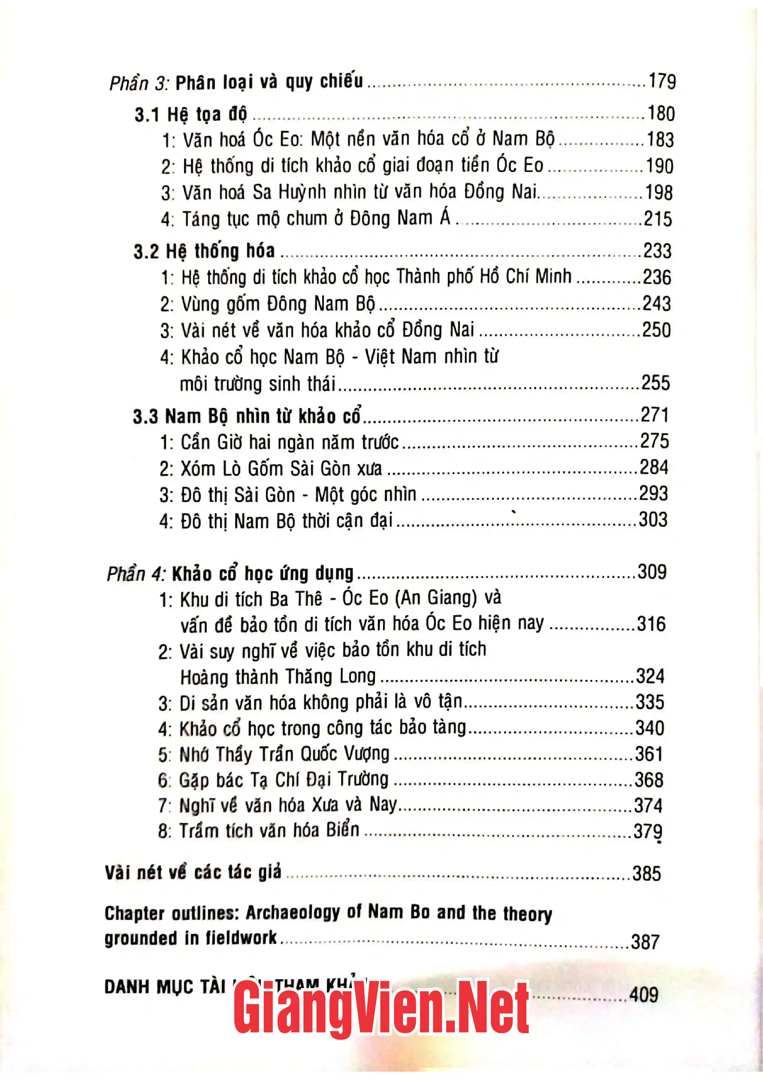 Mục lục chi tiết trang 1 sách Khảo cổ học bình dân Nam Bộ - Việt Nam từ thực nghiệm đến lý thuyết