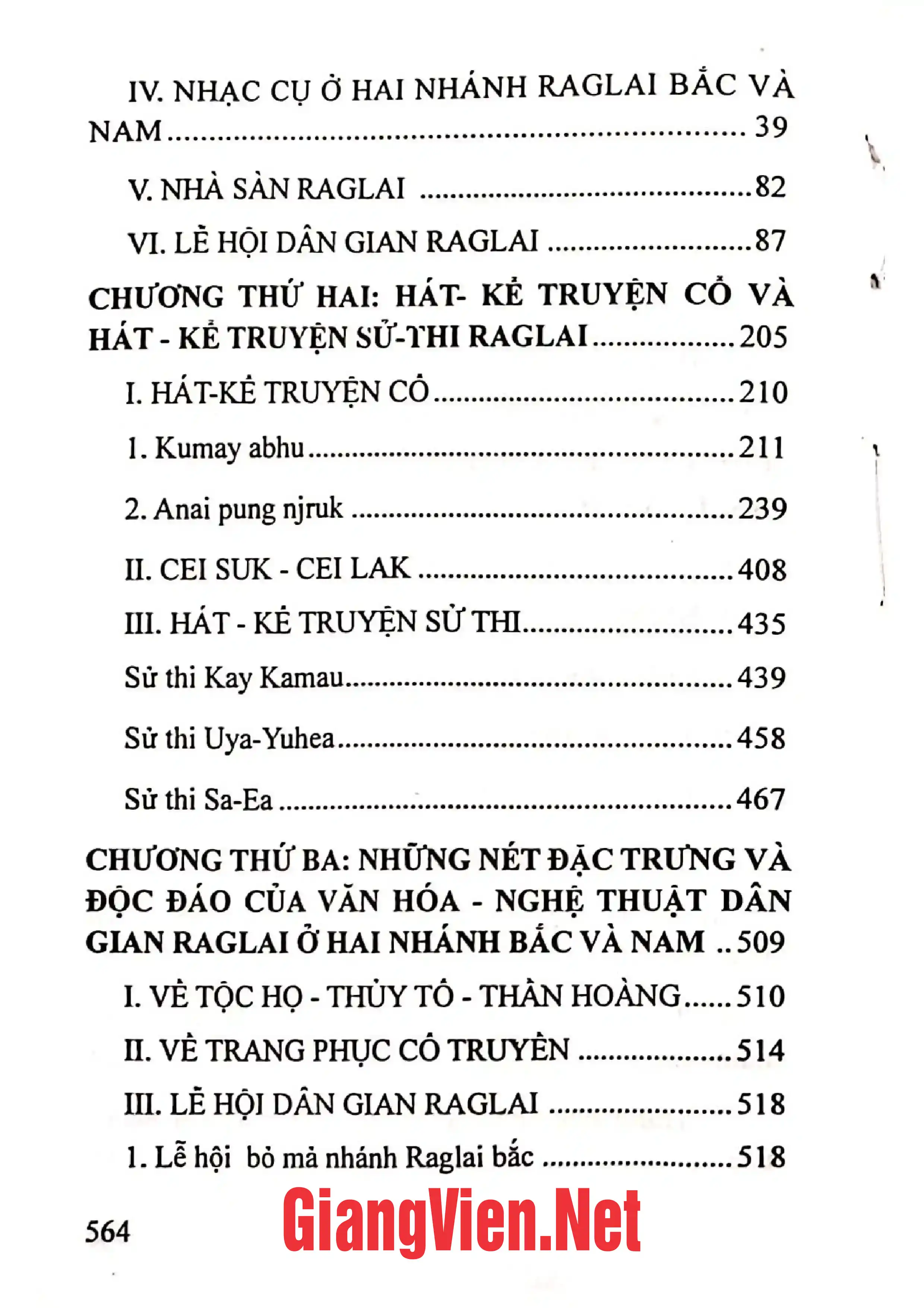 Mục lục chi tiết trang 1 sách Đặc trưng văn hóa nghệ thuật dân gian ở hai nhánh Raglai Nam và Bắc tỉnh Ninh Thuận