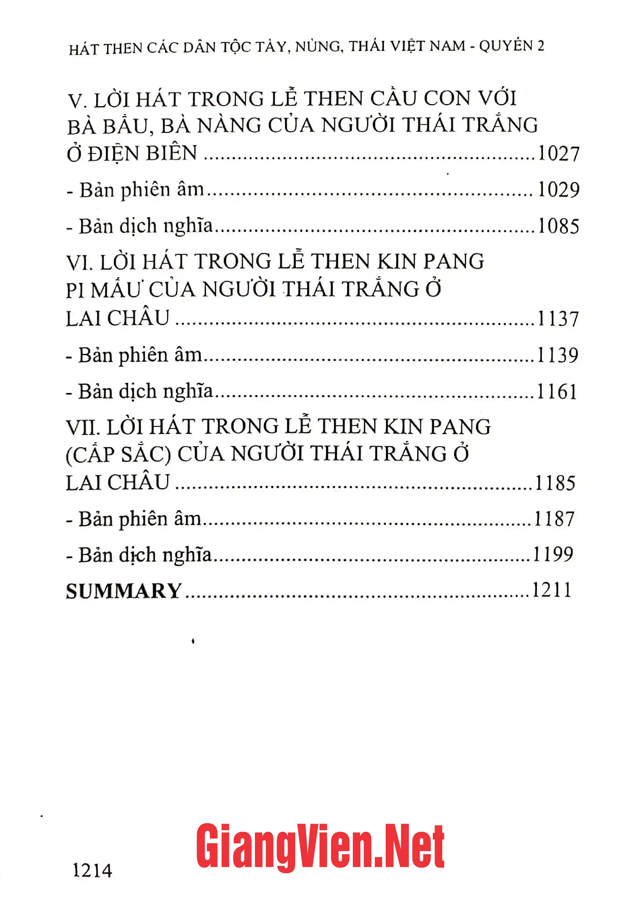Mục lục chi tiết trang 1 sách Hát Then các dân tộc Tày, Nùng, Thái Việt Nam, quyển 2: Lời hát Then dân tộc Nùng. Thái