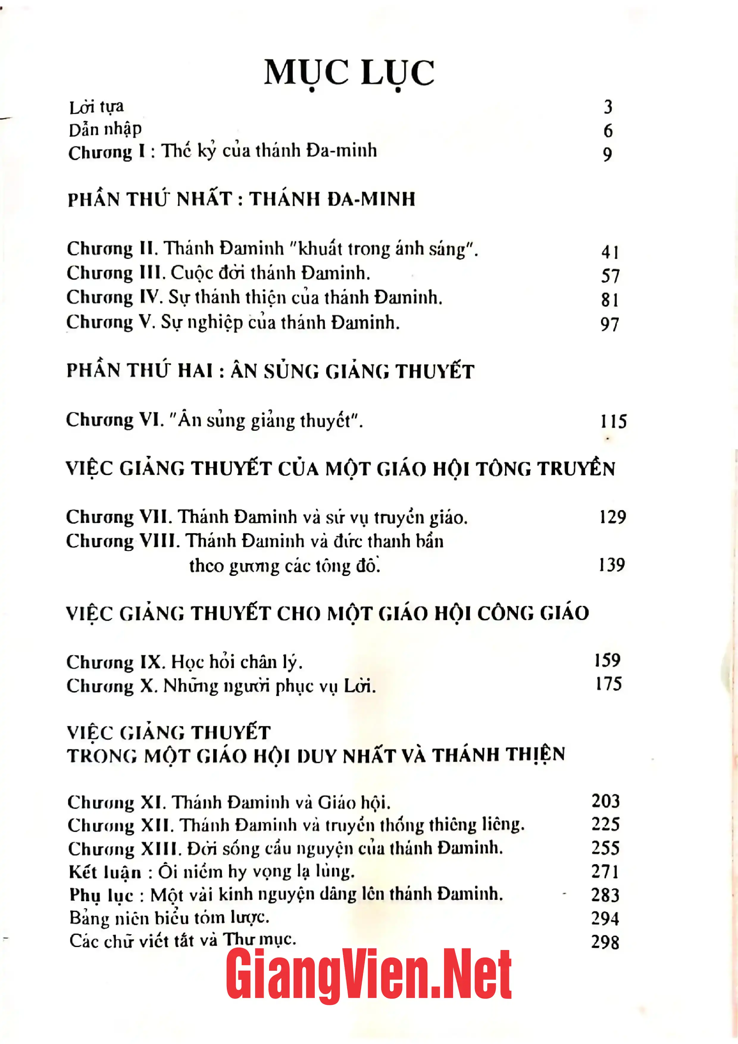 Mục lục chi tiết trang 1 sách Thánh Đa-Minh ân sủng lời Chúa