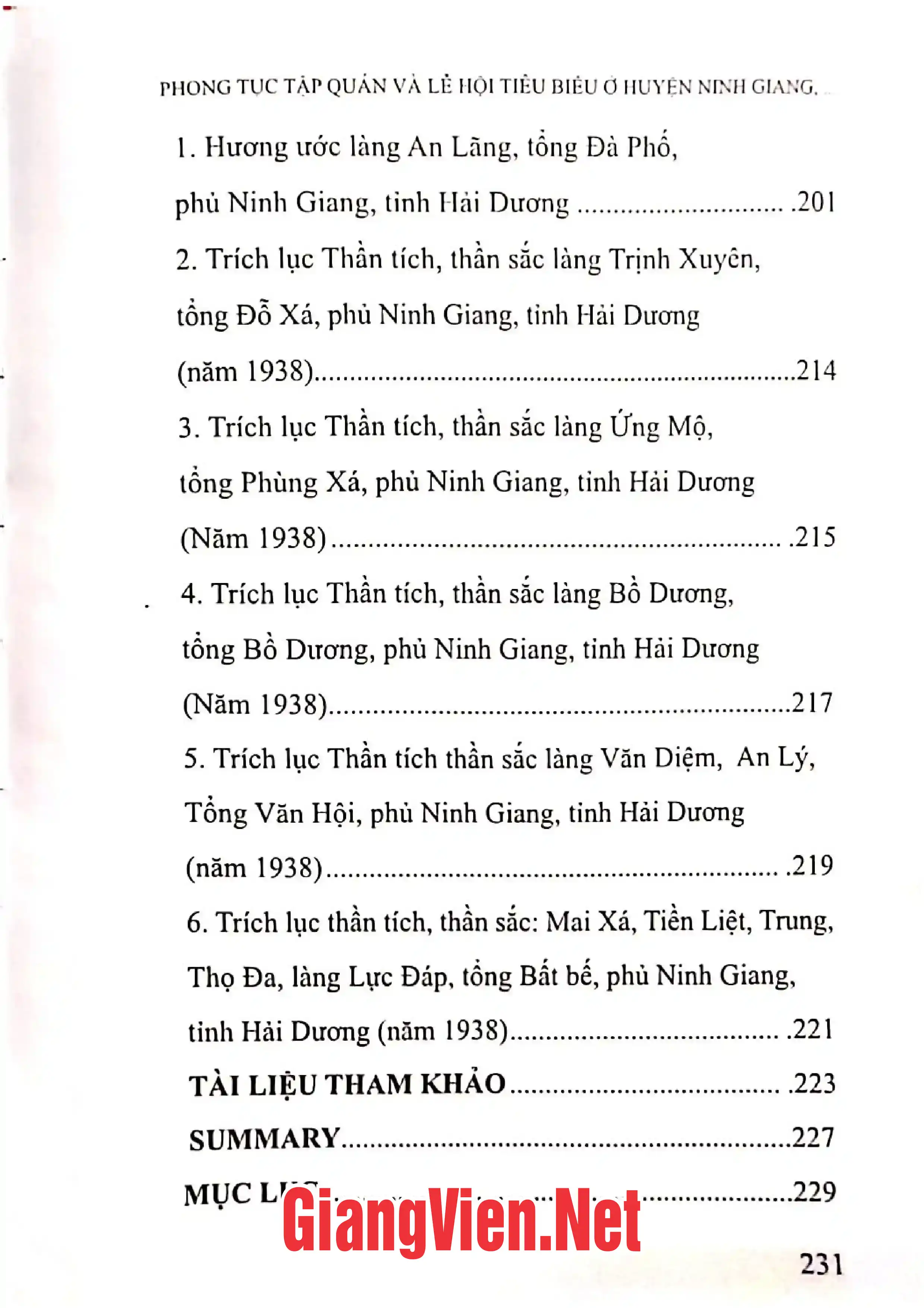 Mục lục chi tiết trang 2 sách Phong tục tập quán và lễ hội tiêu biểu ở huyện Ninh Giang tỉnh Hải Dương.