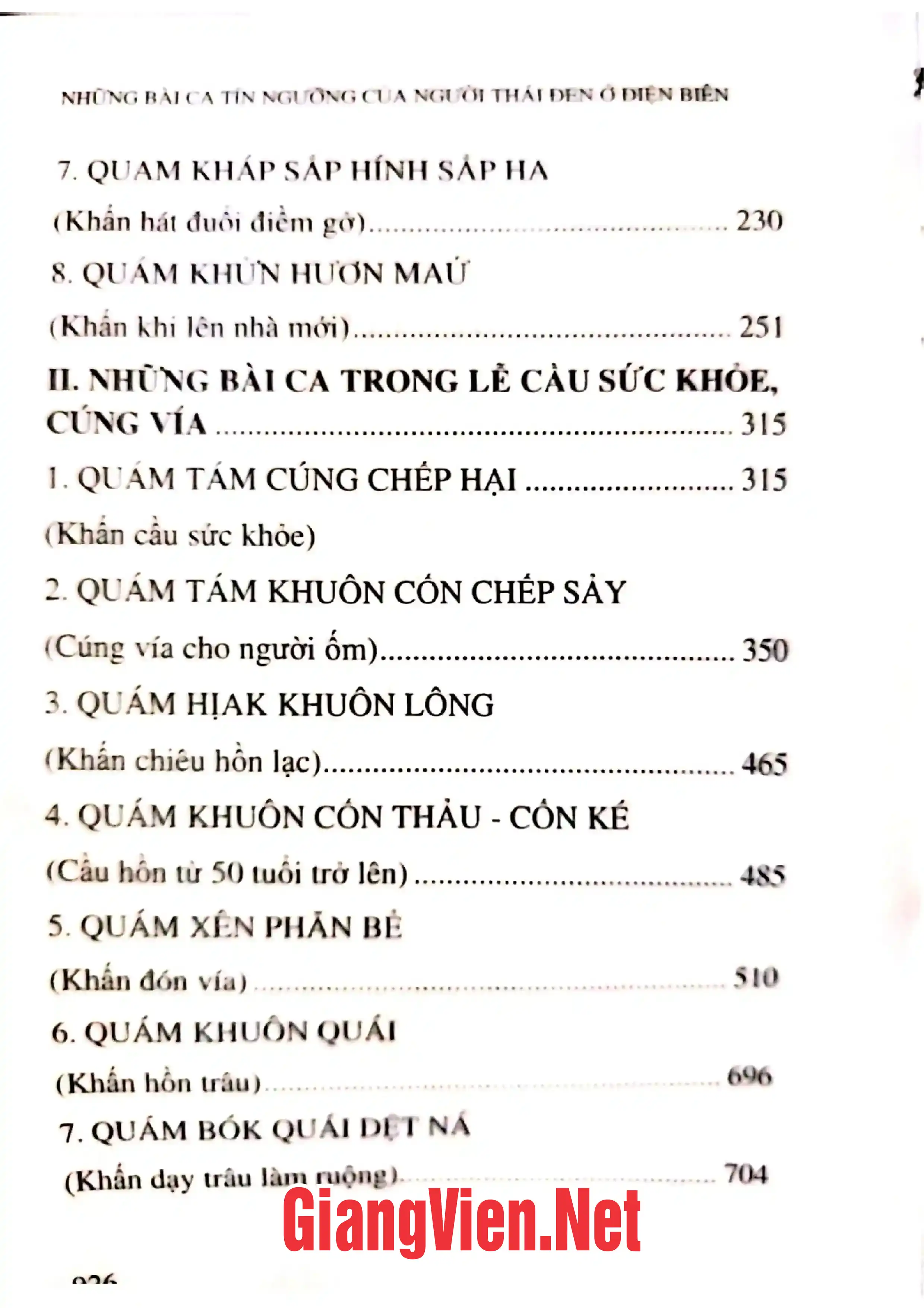 Mục lục chi tiết trang 1 sách Những bài ca tín ngưỡng của người Thái Đen ở Điện Biên