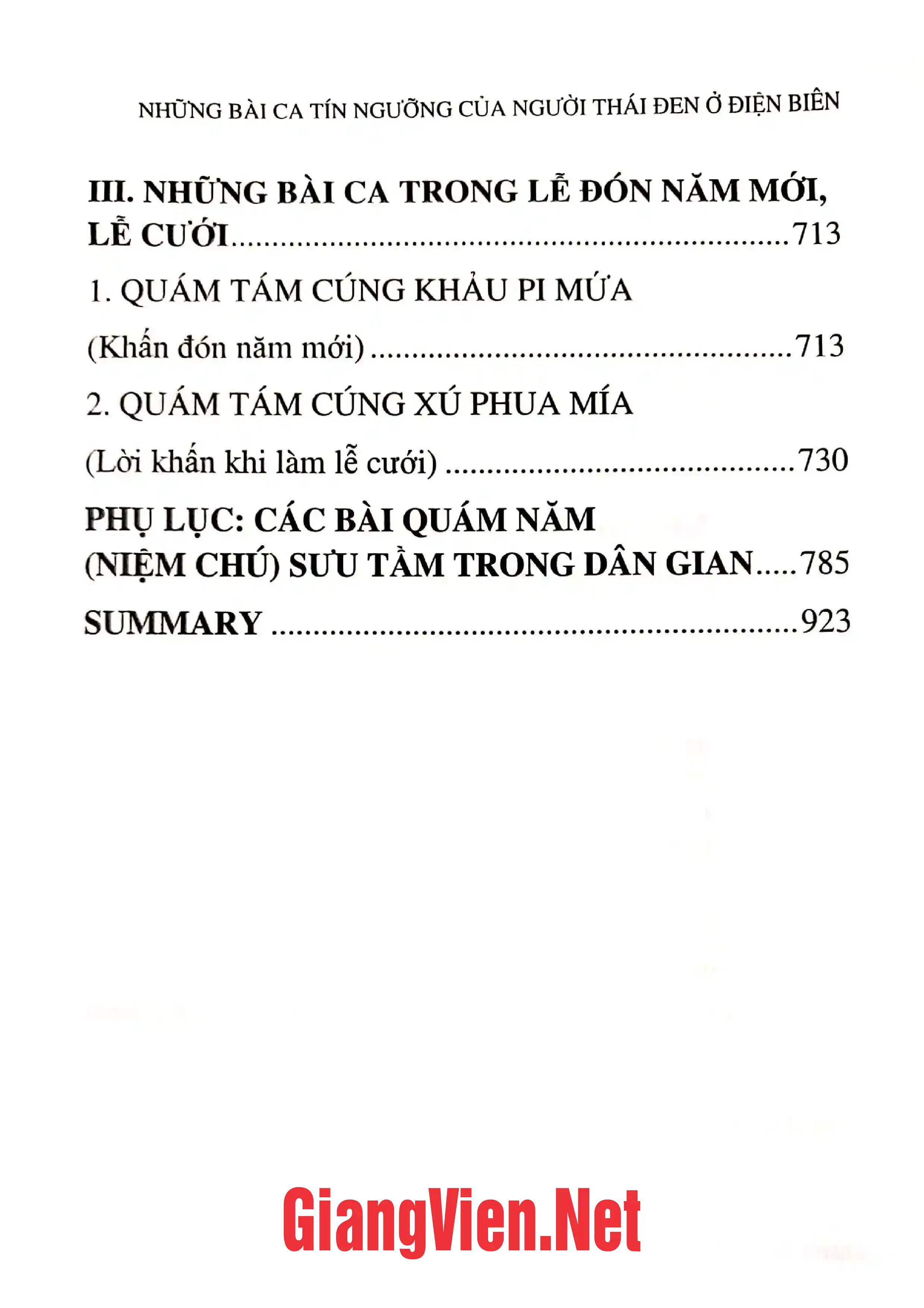 Mục lục chi tiết trang 2 sách Những bài ca tín ngưỡng của người Thái Đen ở Điện Biên