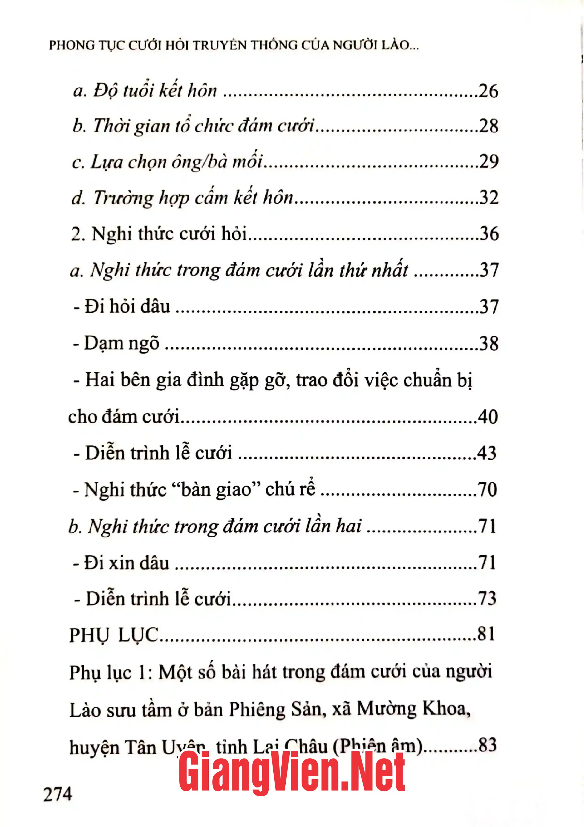 Mục lục chi tiết trang 1 sách Phong tục cưới hỏi truyền thống của người Lào bản Phiêng Sản, xã Mường Khoa, huyện Tân Yên, tỉnh Lai Châu