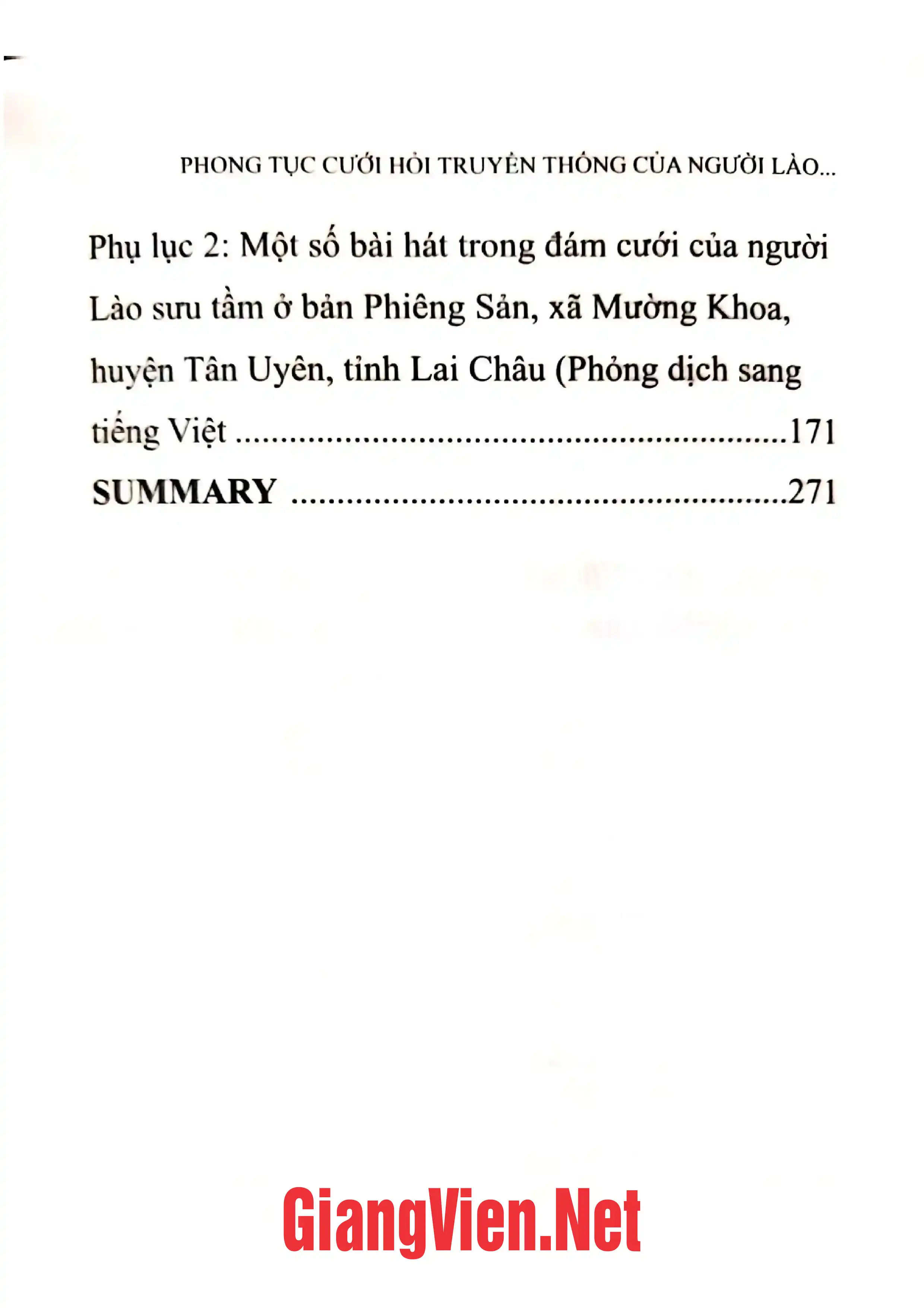 Mục lục chi tiết trang 2 sách Phong tục cưới hỏi truyền thống của người Lào bản Phiêng Sản, xã Mường Khoa, huyện Tân Yên, tỉnh Lai Châu