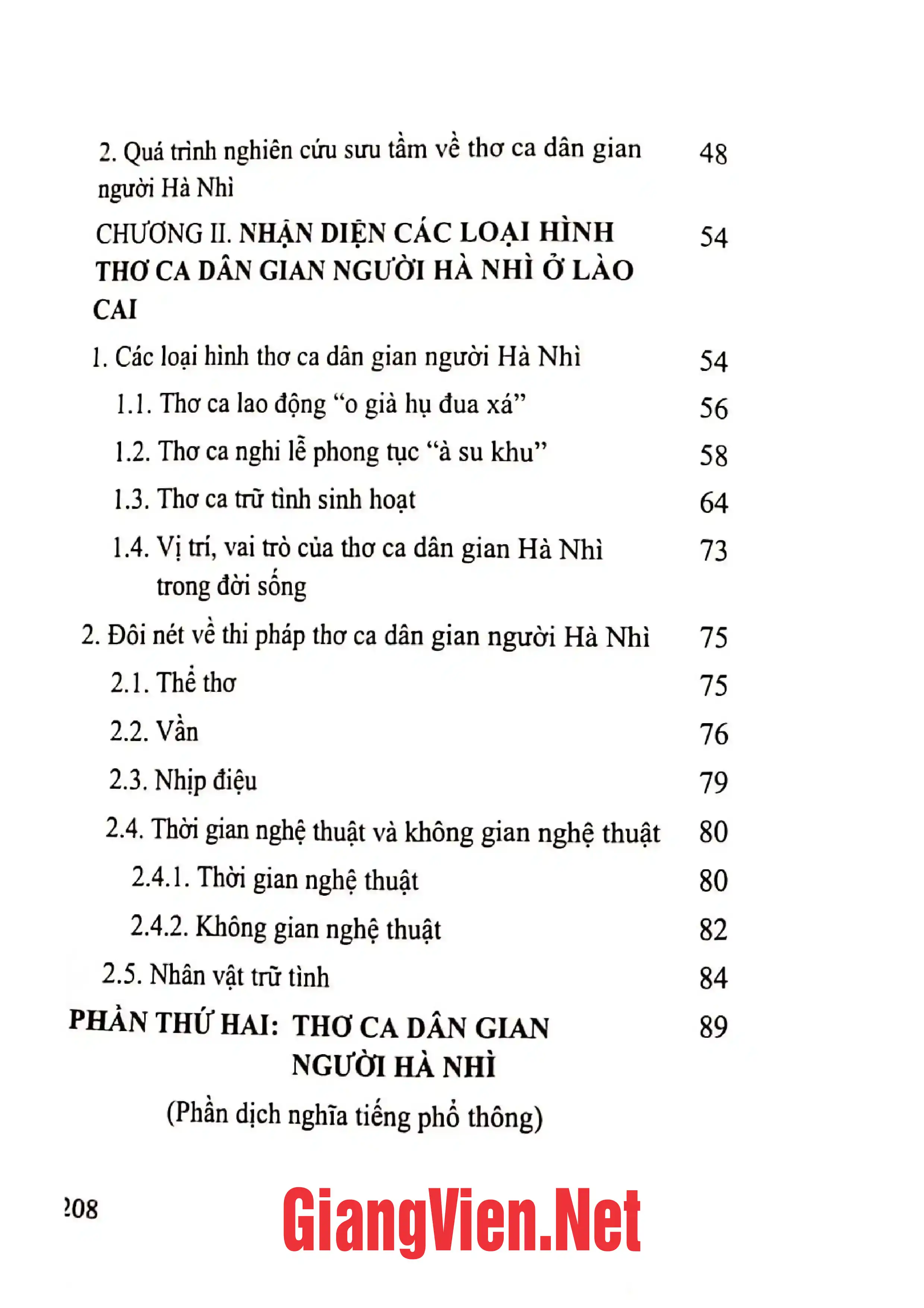 Mục lục chi tiết trang 1 sách Thơ ca dân gian người Hà Nhì ở Lào Cai