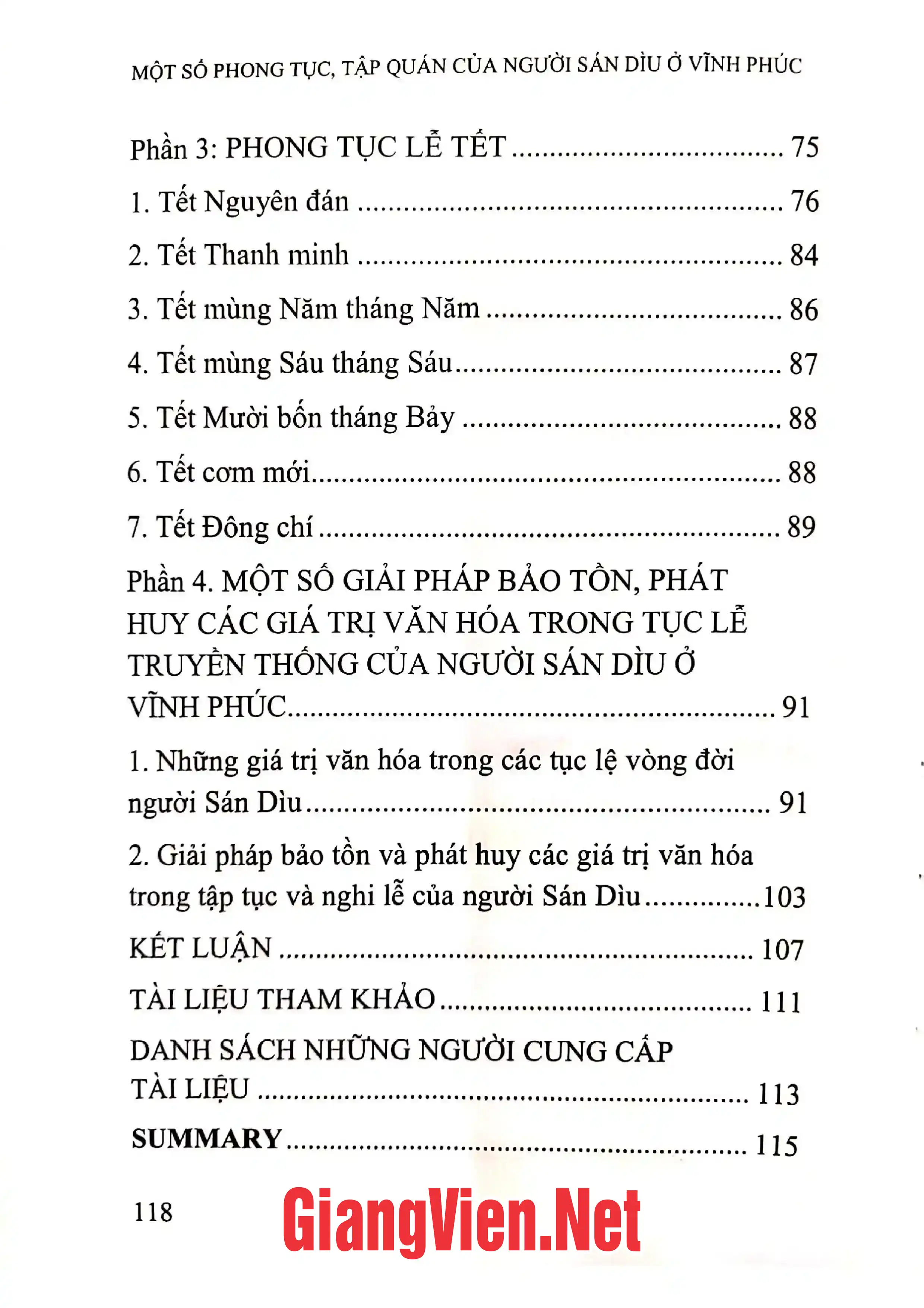 Mục lục chi tiết trang 1 sách Một số phong tục tập quán của người Sáng Dìu ở Vĩnh Phúc